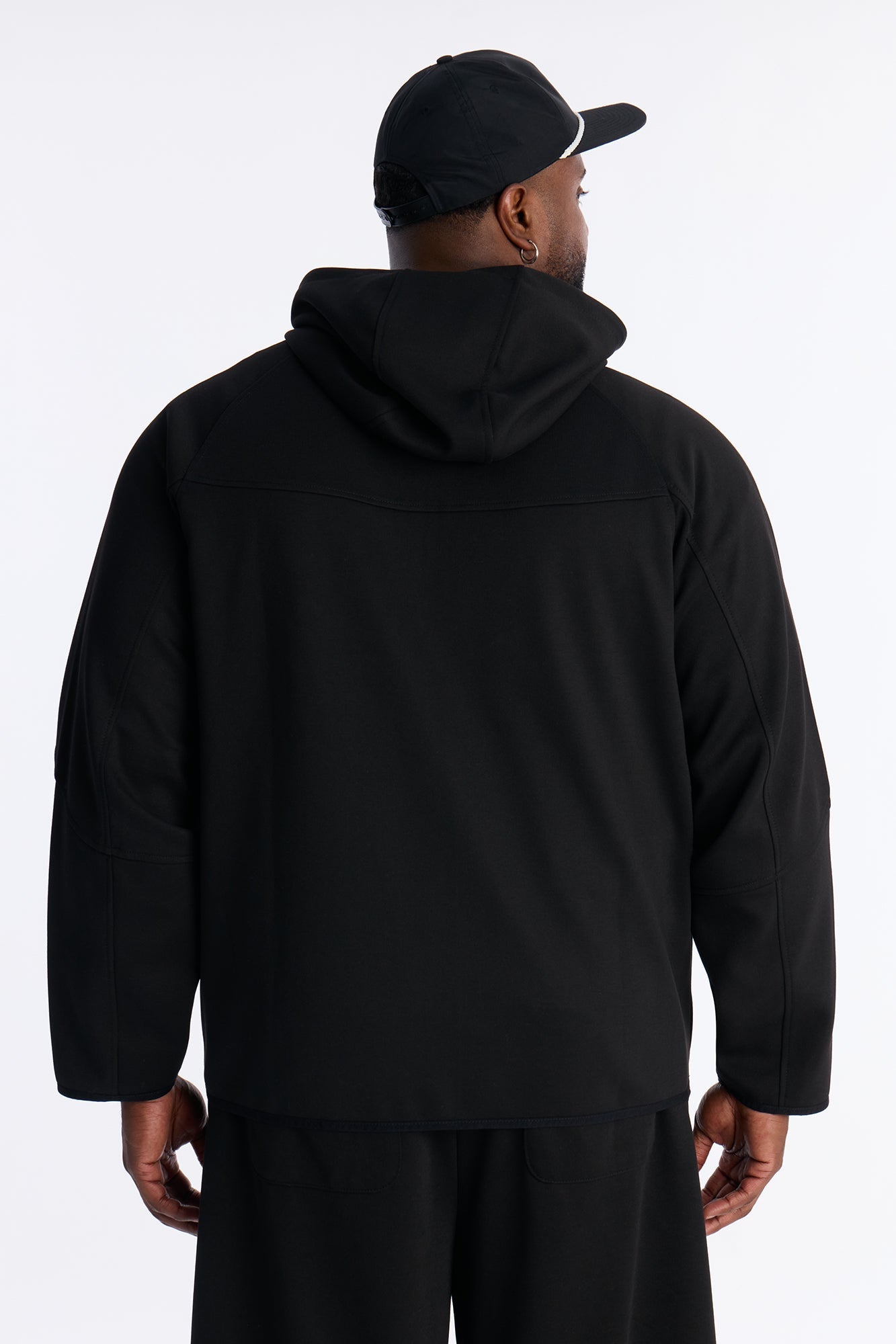 Structured Paneled Fleece Zip Up Hoodie - Black