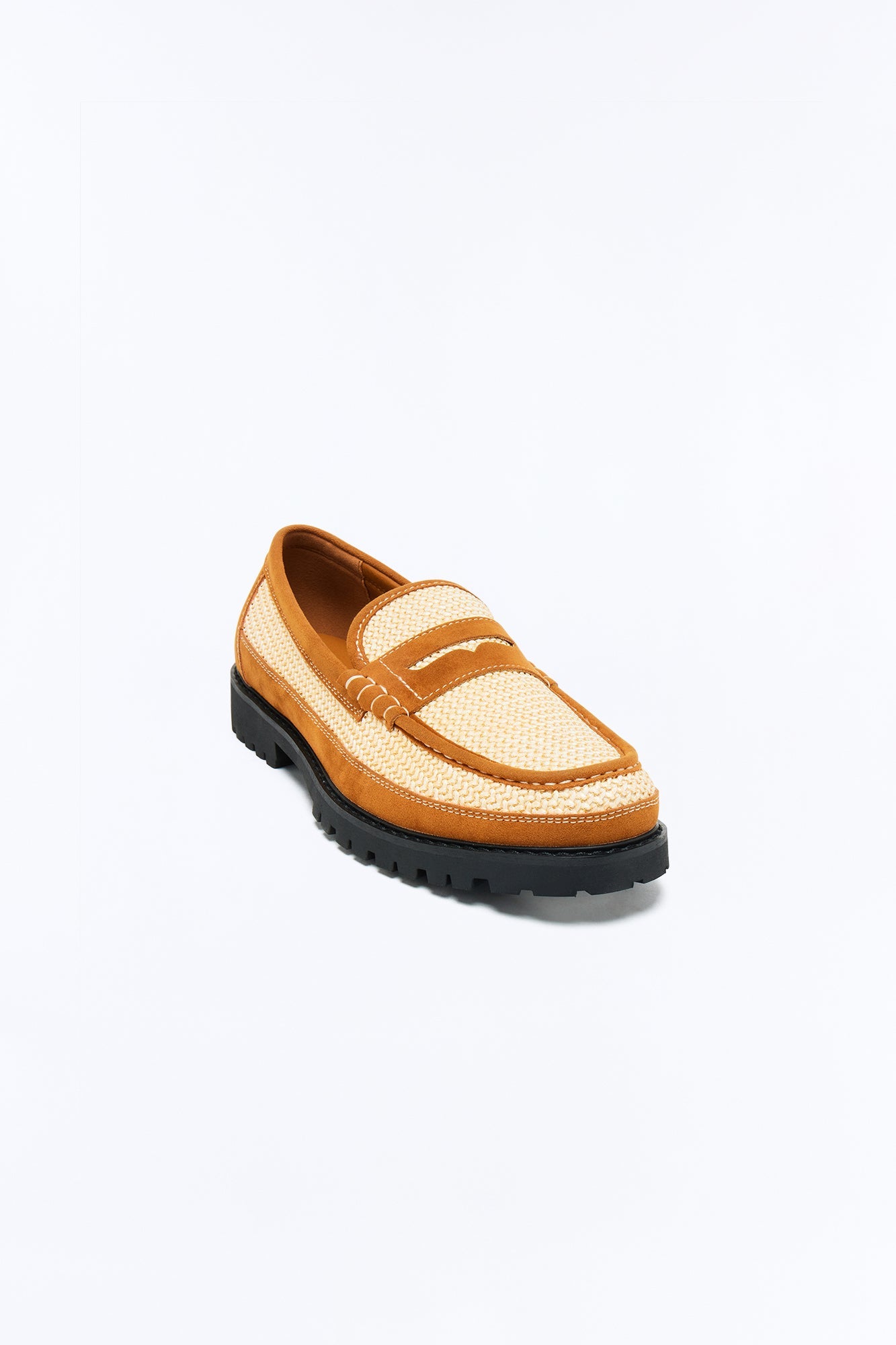 Woven Faux Suede Contrast Stitch Penny Loafer - Brown