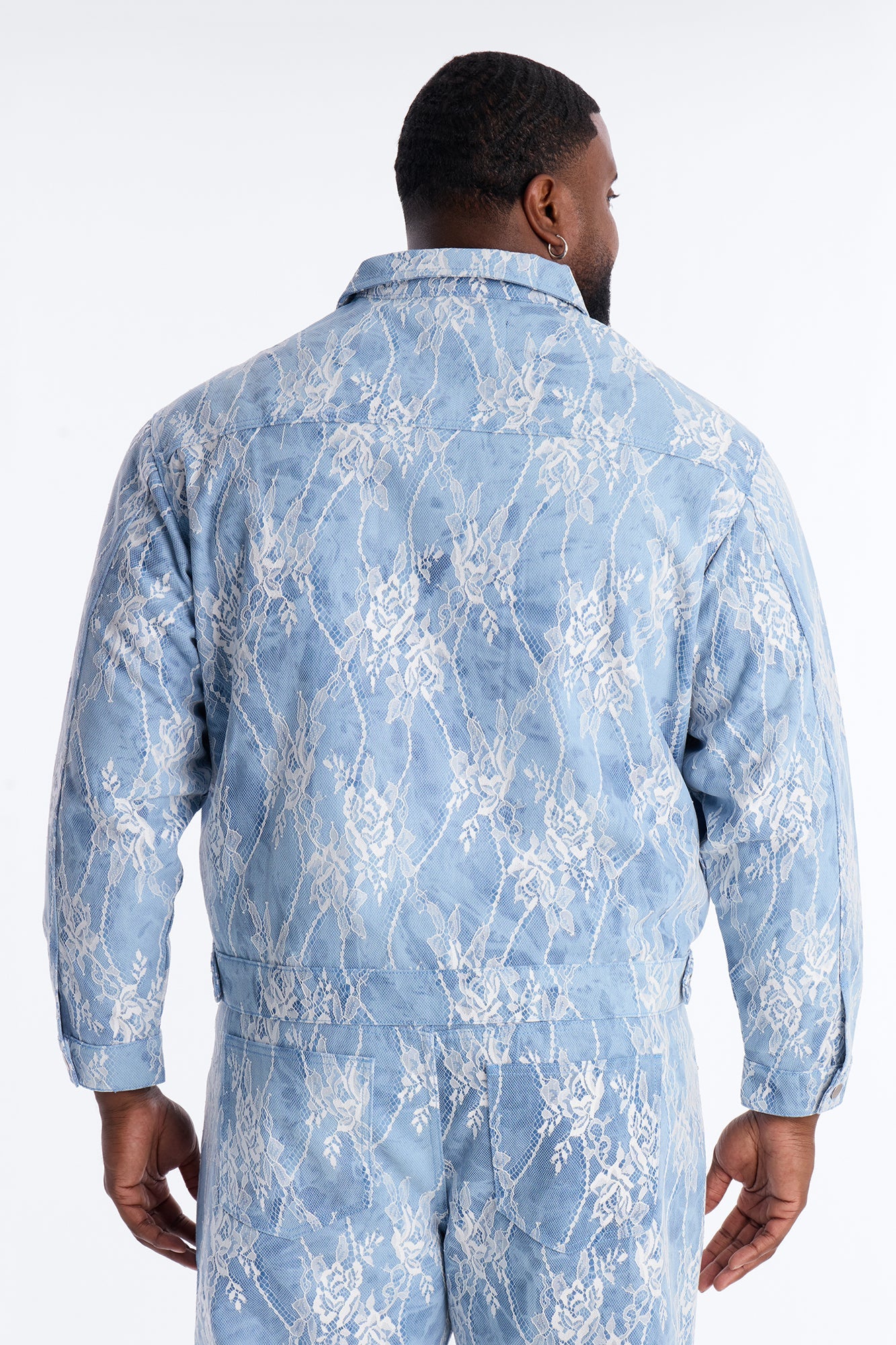 Lace Overlay Zip Denim Jacket - Medium Blue Wash