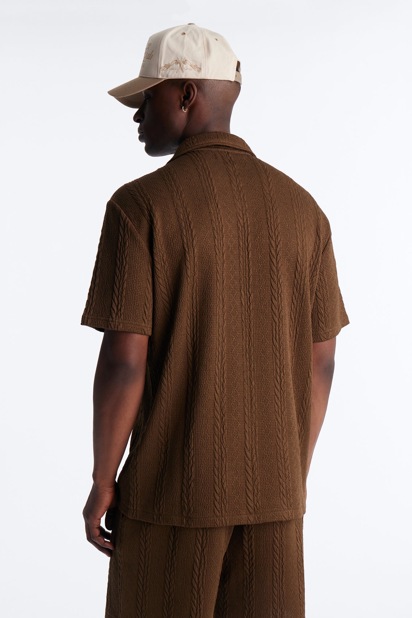 Textured Stripes Cuban Short Sleeve Button Up Shirt - Brown