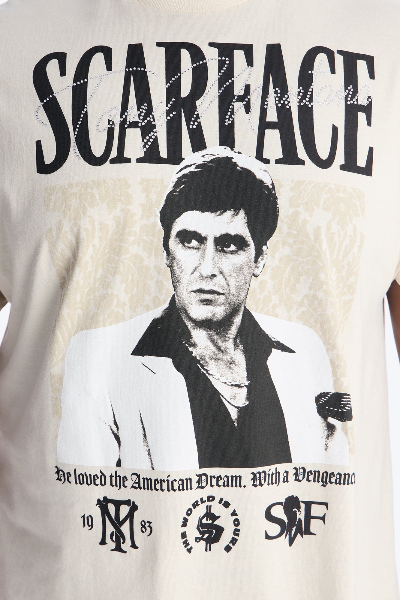 Scarface The American Dream Rhinestone Short Sleeve Tee - Cream