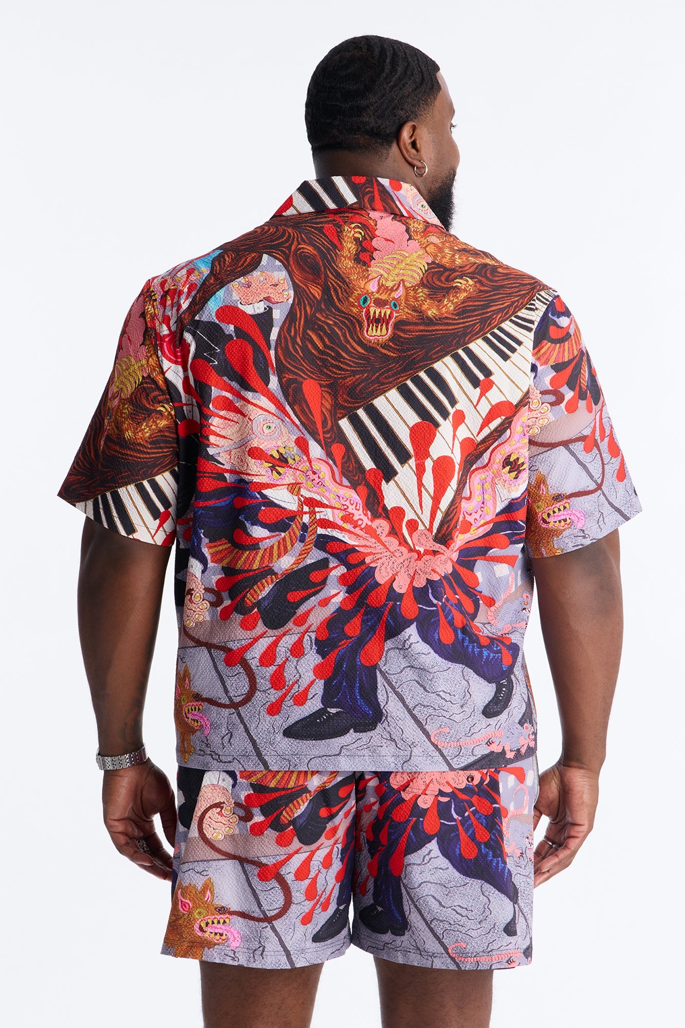 Relaxed Jazz Engine Seersucker Cuban Button Up Shirt - Multi Color