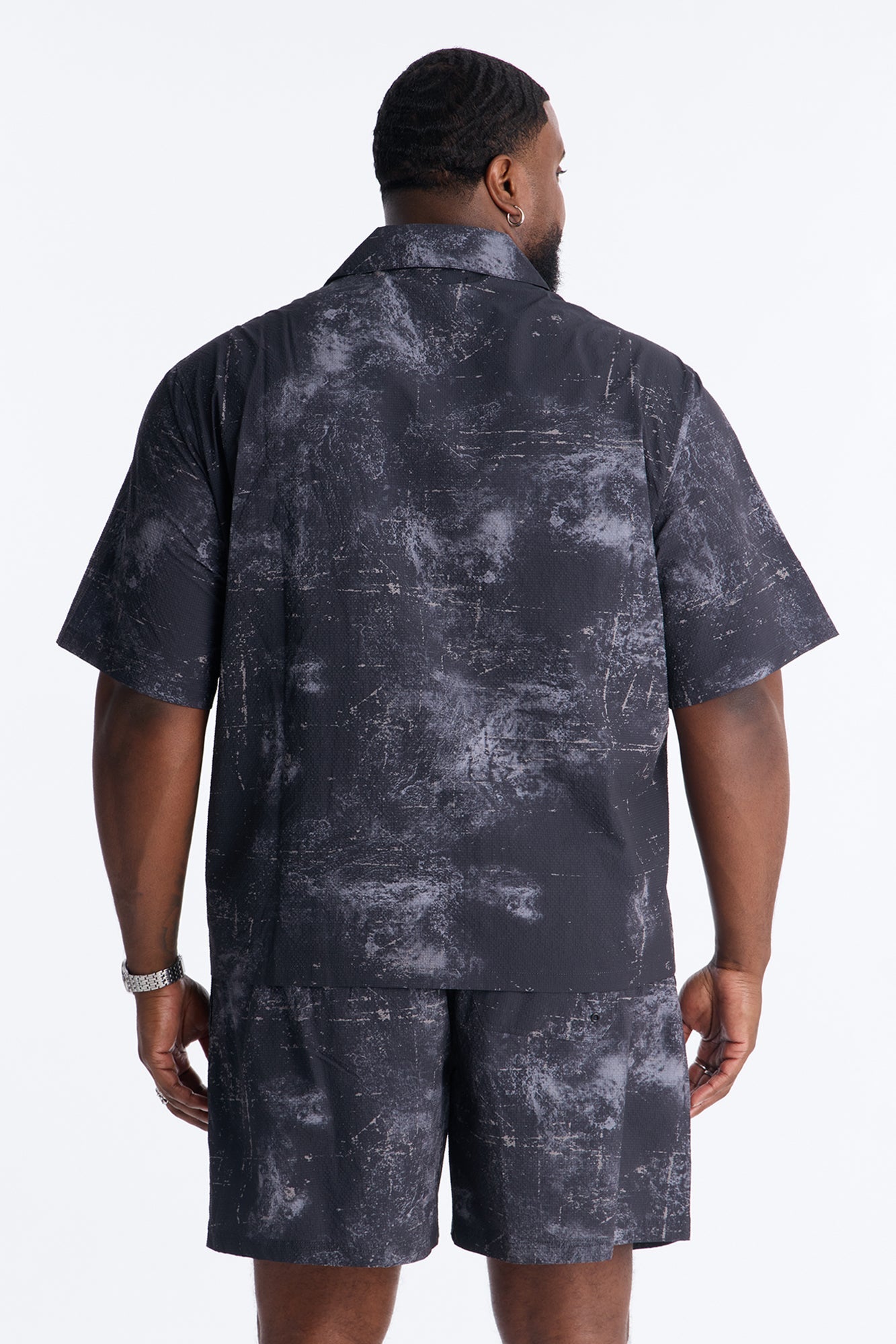 Relaxed Violet Static Seersucker Cuban Collar Up Shirt - Black