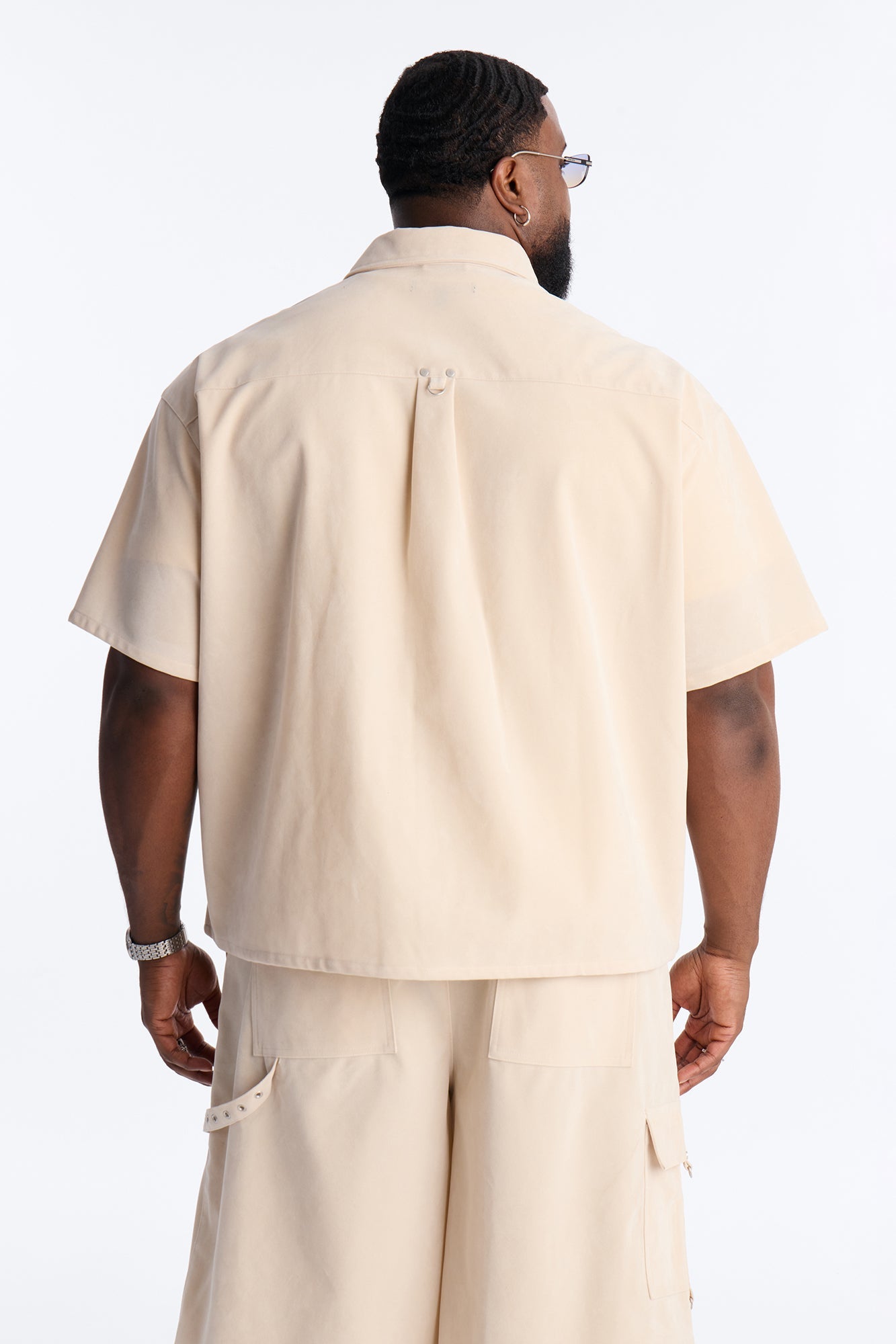 Boxy Cropped Ranch Faux Suede Utility Button Up Shirt - Stone