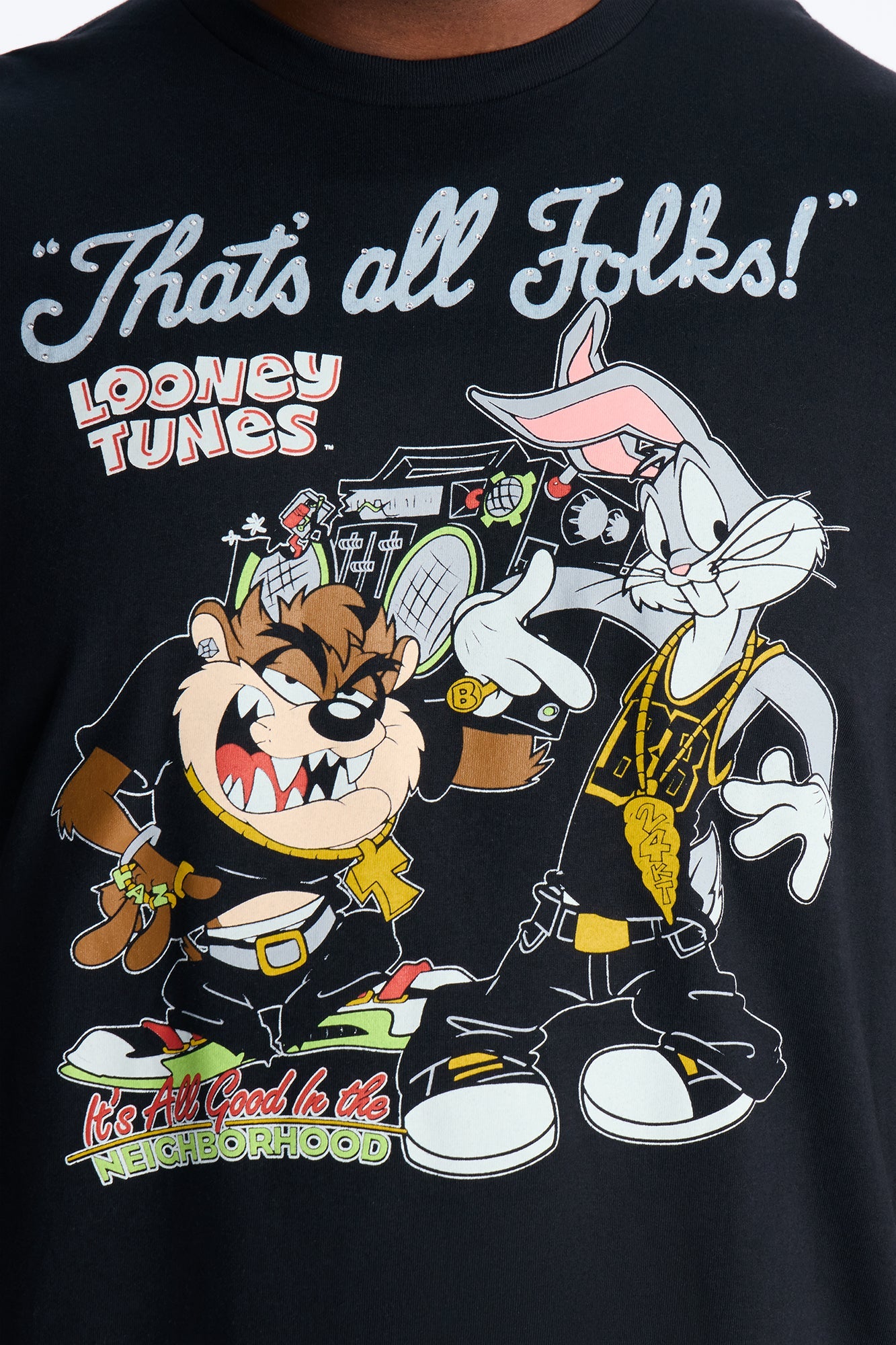 Looney Tunes Thats All Folks Rhinestone Short Sleeve Tee - Black