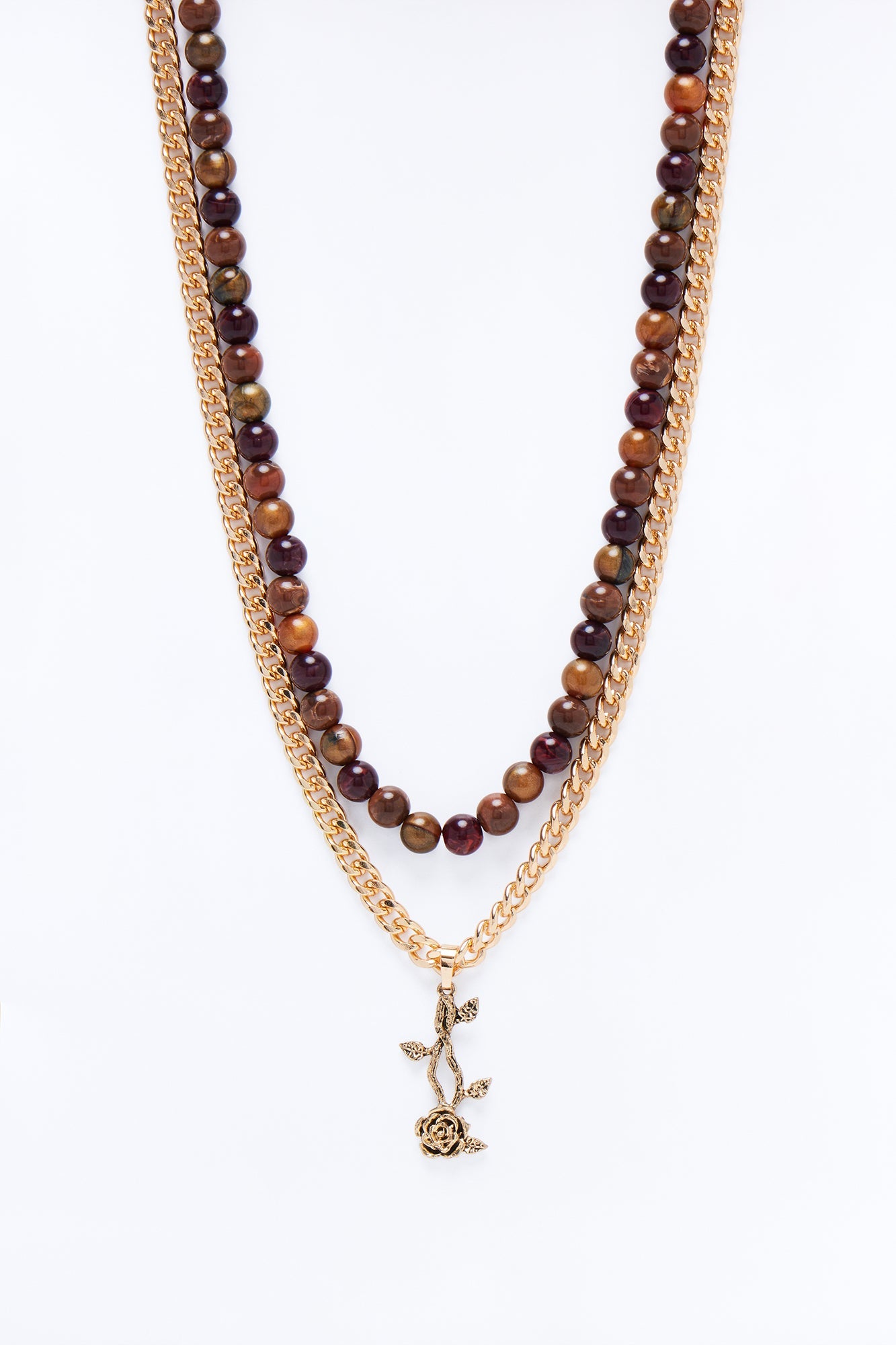 Layered Cuban Rose And Beaded Necklace Set - Gold/combo