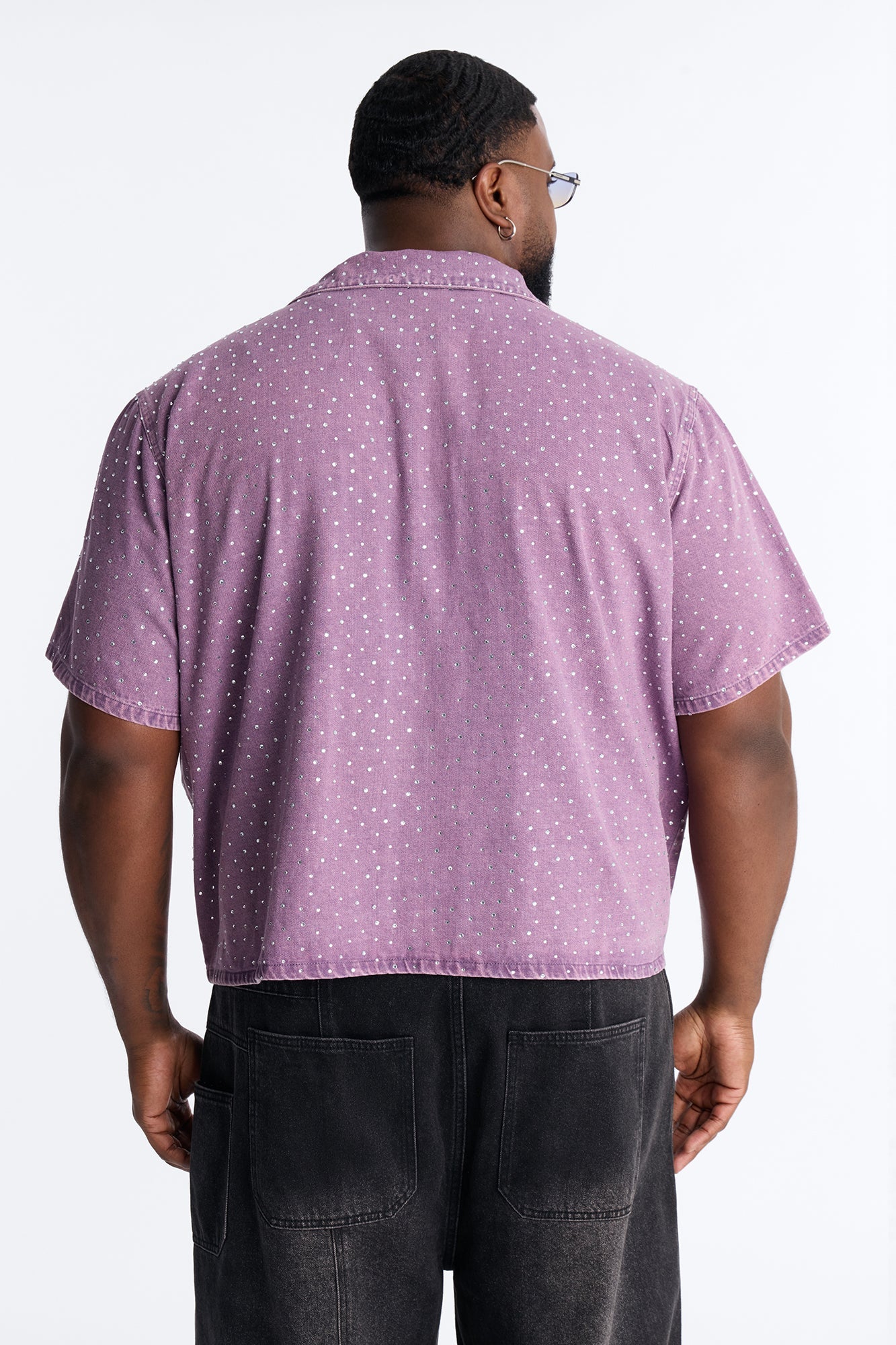 Cropped Embellished Denim Button Up Shirt - Purple