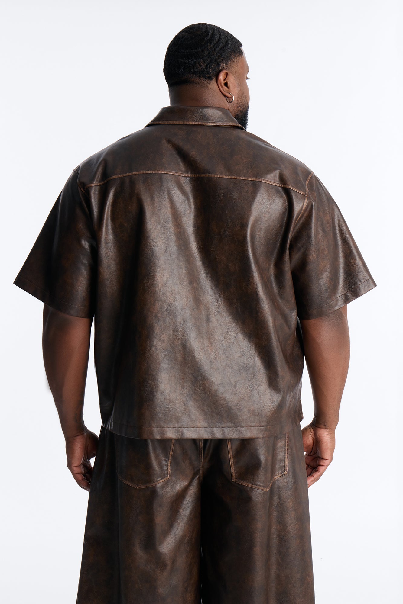 Cropped Relaxed Fordham Front Faux Leather Button Up Shirt - Brown