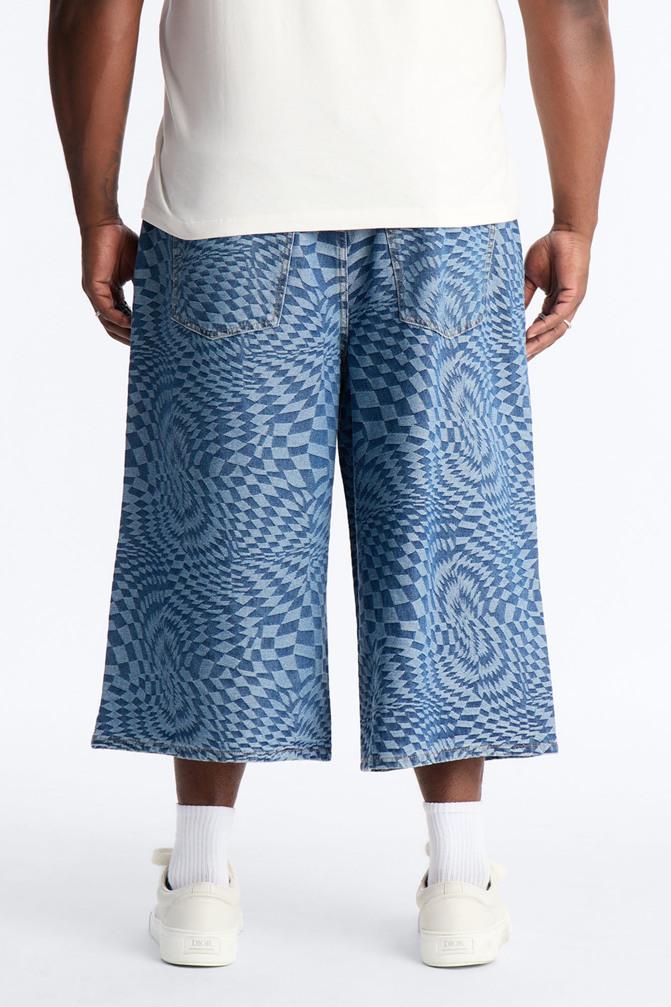 Super Baggy Trippy Check Denim Short - Medium Blue Wash