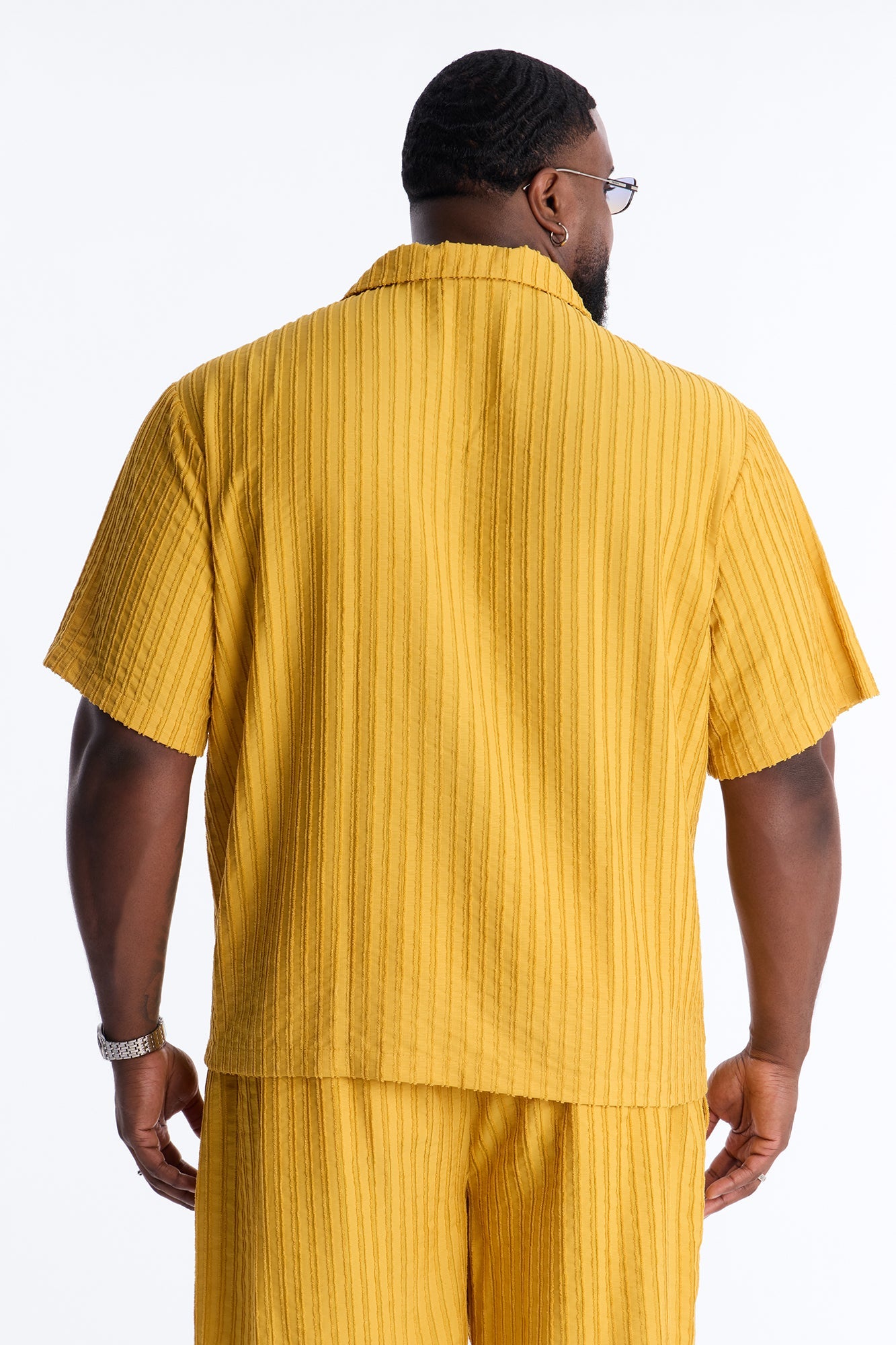 Relaxed Aegean Pleat Cuban Collar Button Up - Mustard