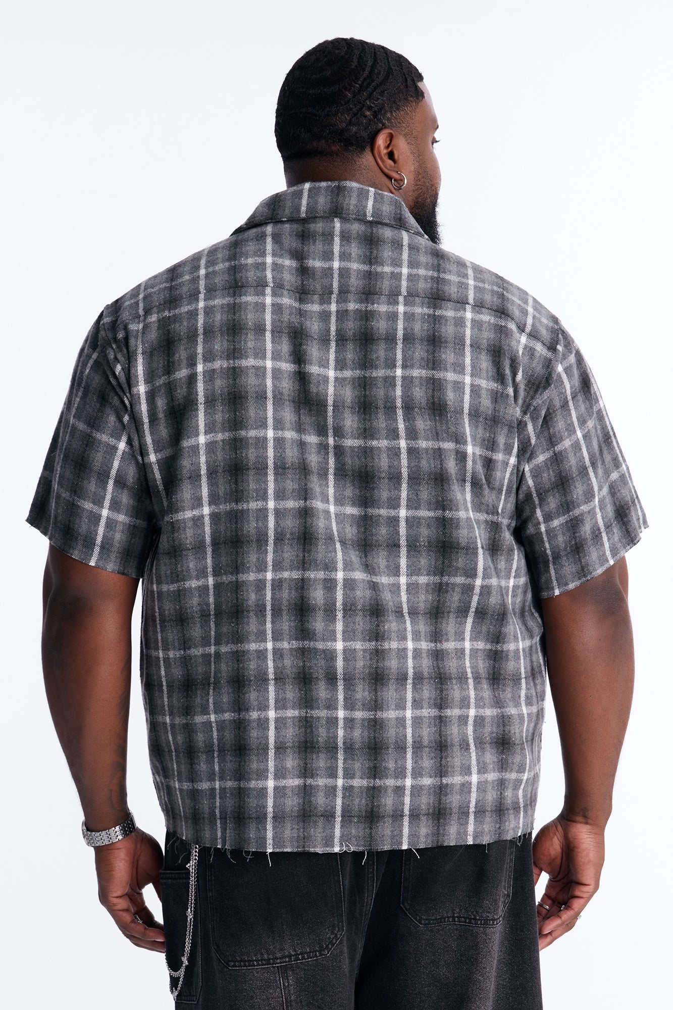 Jeweled Plaid Raw Hem Button Up Shirt - Black