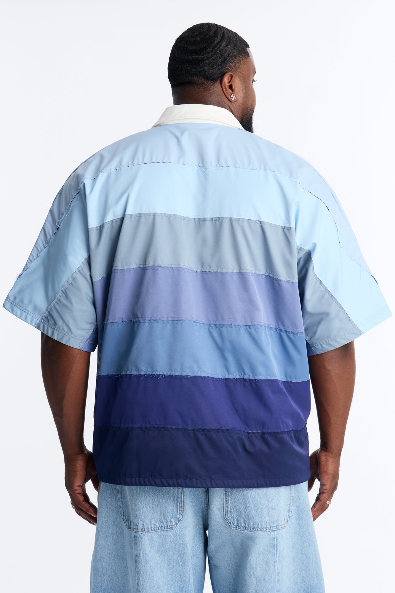 Oversized Frayed Zip Collar Polo - Blue