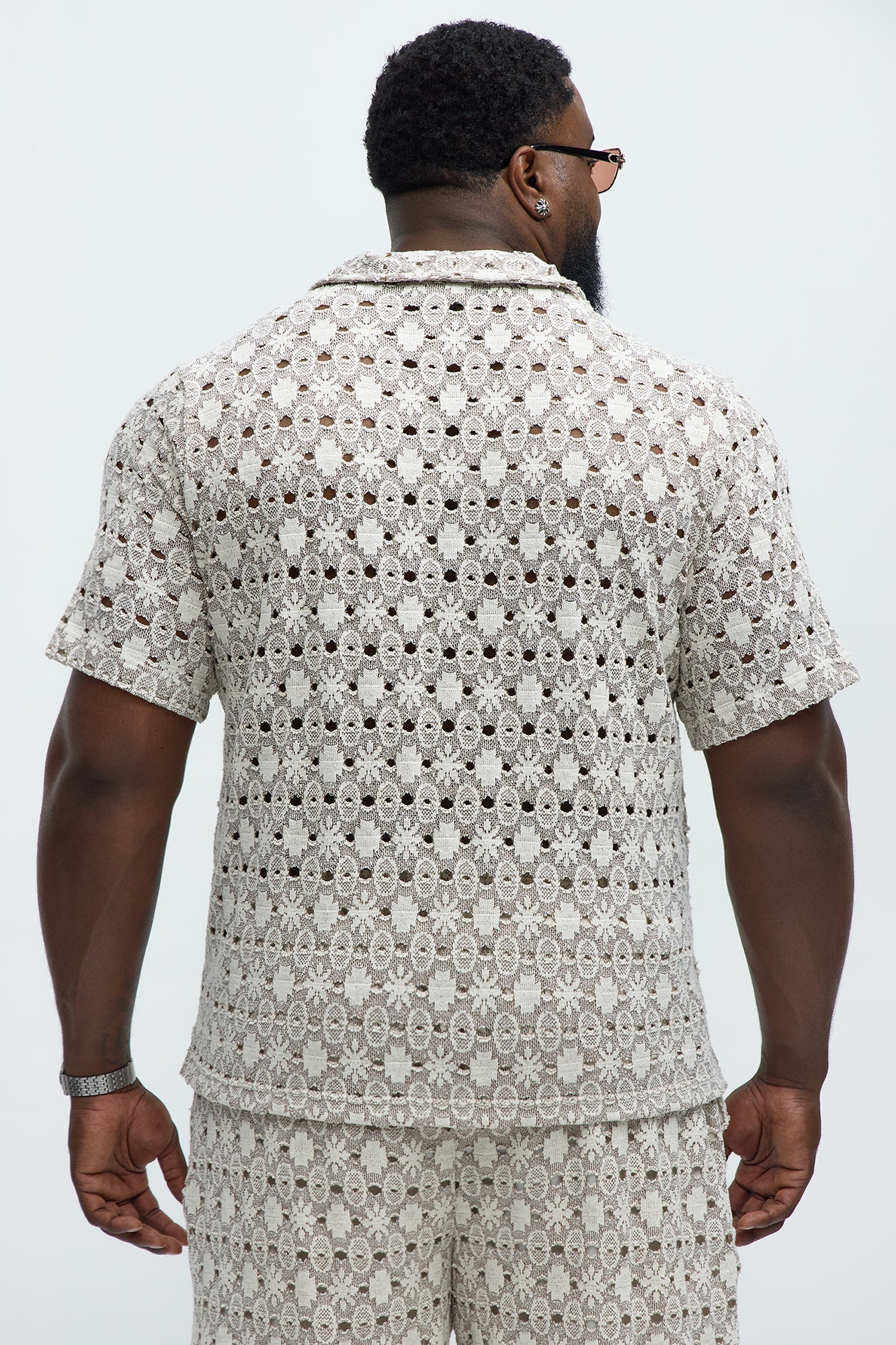 Patterned Open Knit Button Down Shirt - Cream/combo