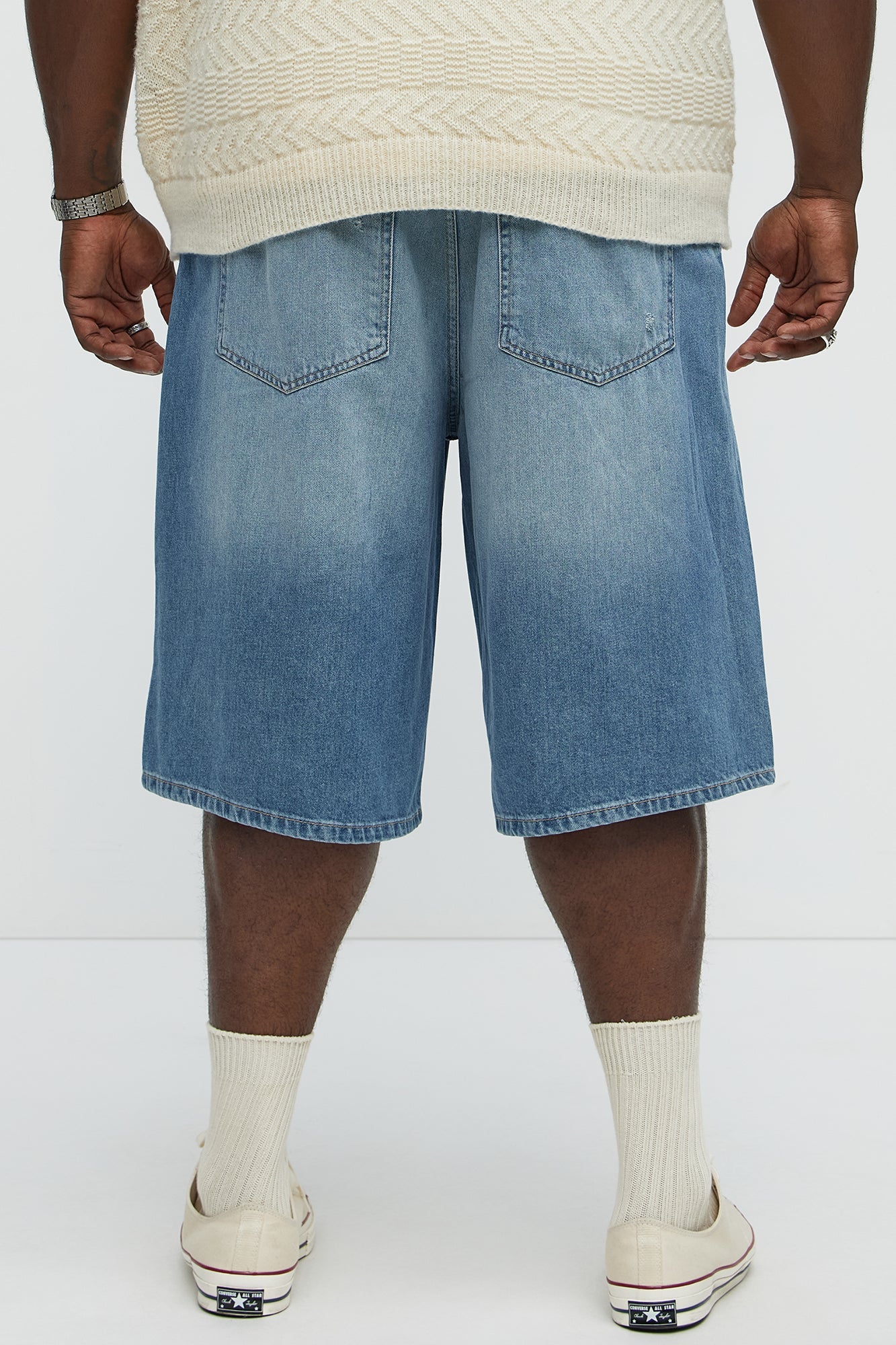 Say It Distressed Baggy Denim Shorts - Medium Blue Wash