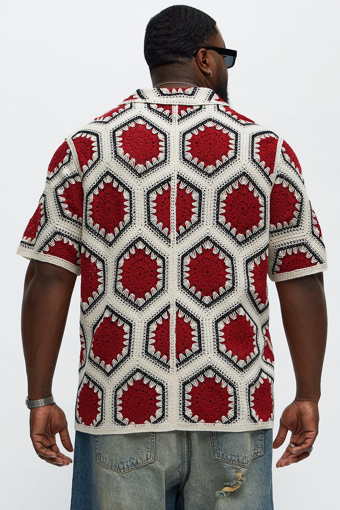 Vacay Vibes Crochet Button Up Shirt - Red/combo