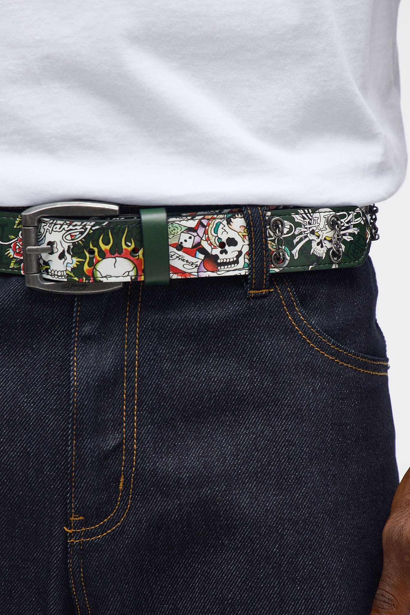 Ed Hardy Skull Tattoo Belt With Chains - Olive