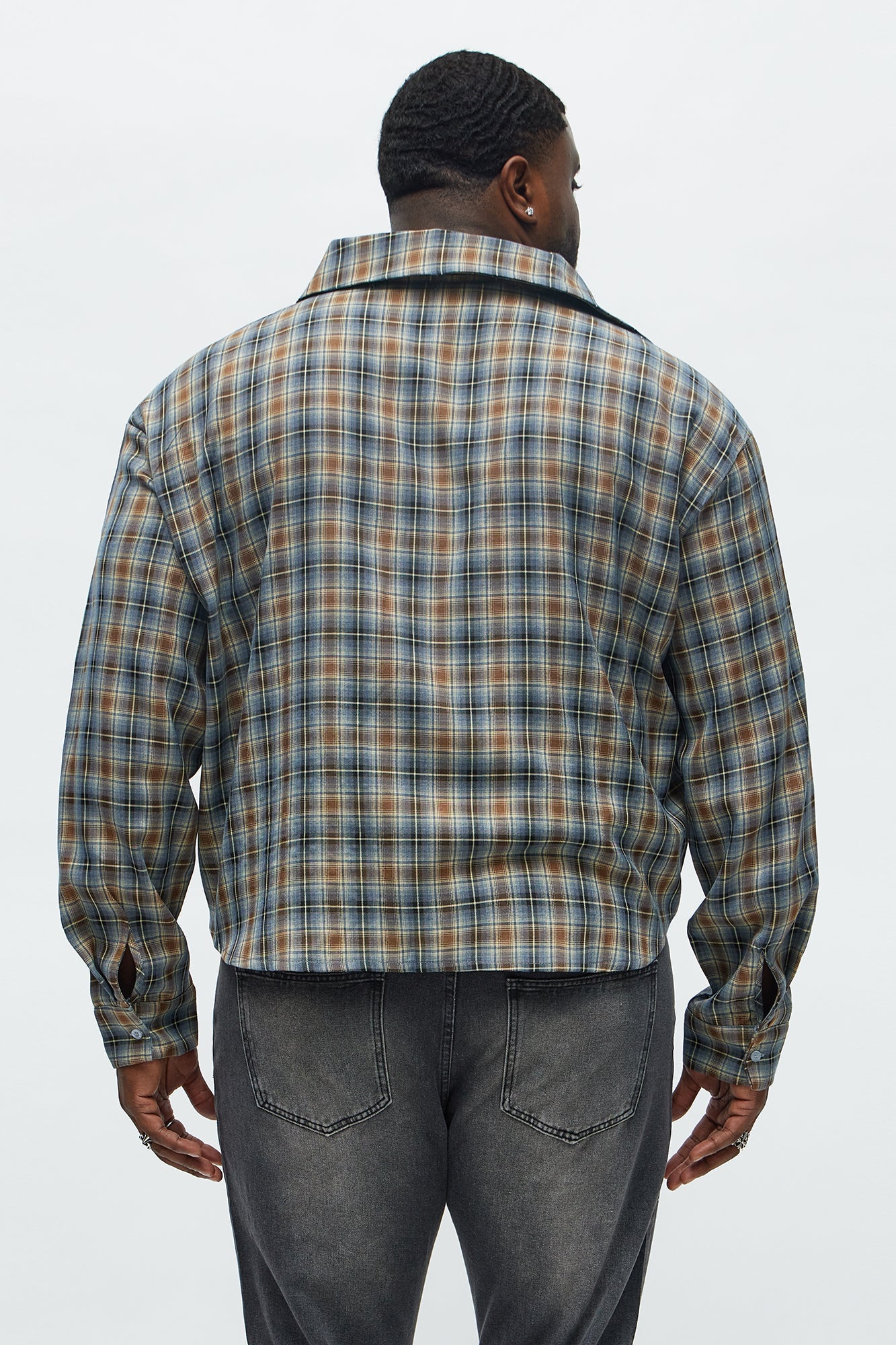 Cropped Starlit Rhinestone Plaid Flannel - Blue/combo