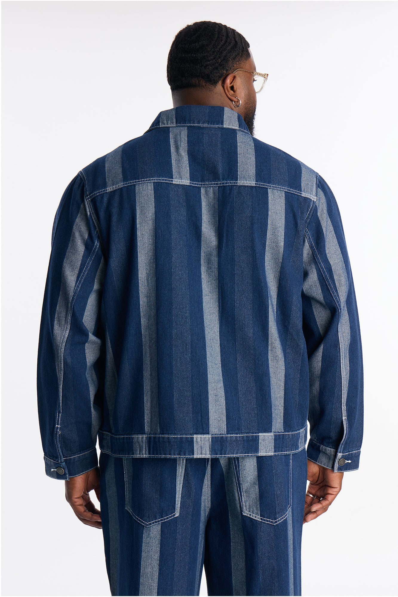 Two Tone Stripe Denim Work Jacket - Dark Wash