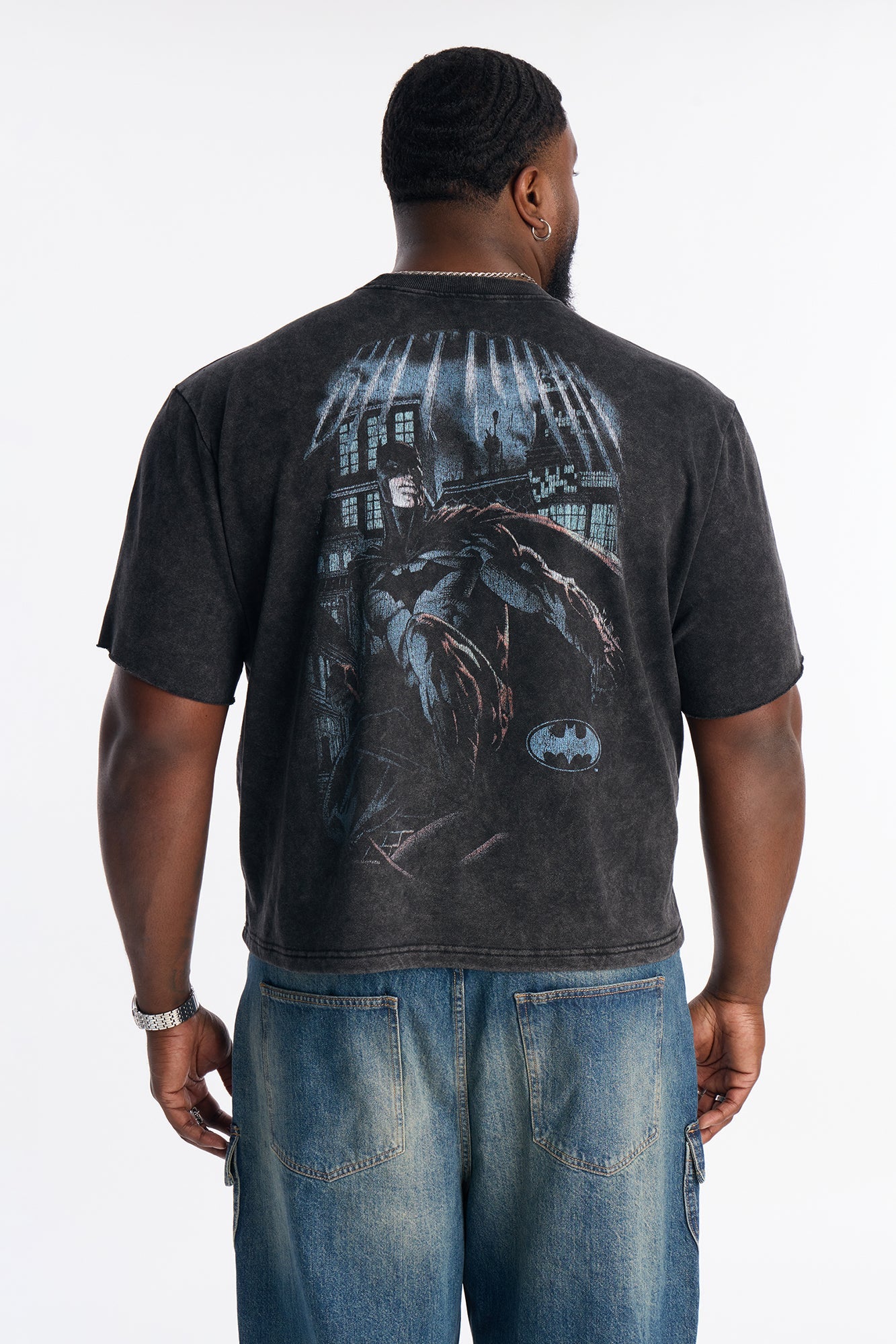 Oversized Batman Over Gotham Short Sleeve Fleece Tee - Black Wash