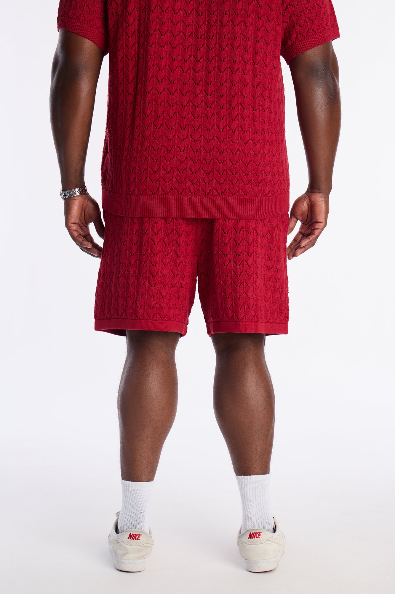 Waterfall Texture Open Knit Shorts - Burgundy