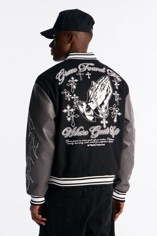 Grace Found Me Rhinestone Varsity Jacket - Black
