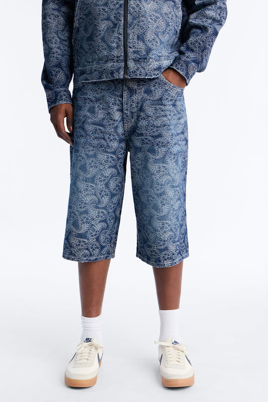 Baggy Paisley Jacquard Denim Short - Dark Wash