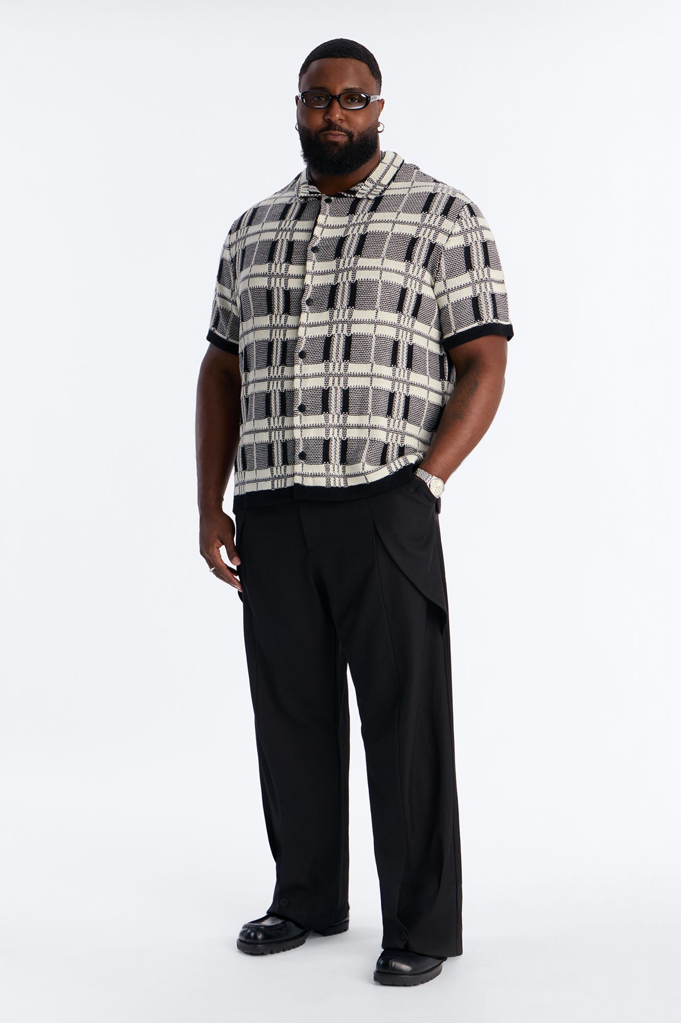 Crosshatch Closed Collar Button Up Shirt - Black