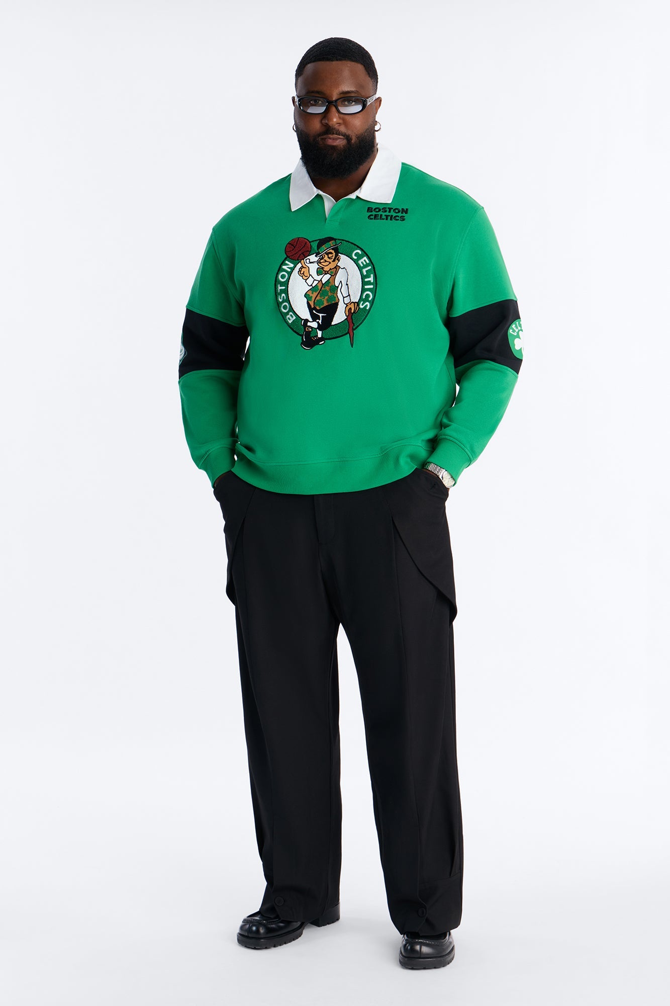 Celtics Long Sleeve Fleece Polo - Kelly Green