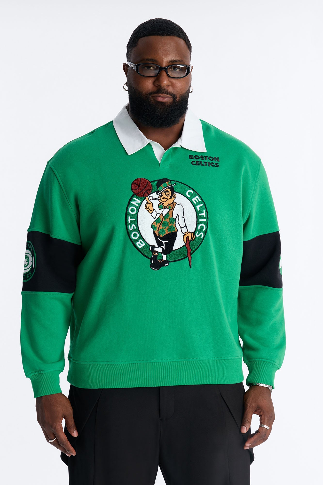 Celtics Long Sleeve Fleece Polo - Kelly Green
