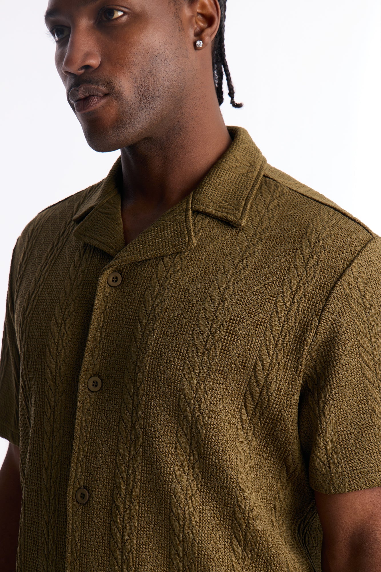 Textured Stripes Cuban Short Sleeve Button Up Shirt - Olive