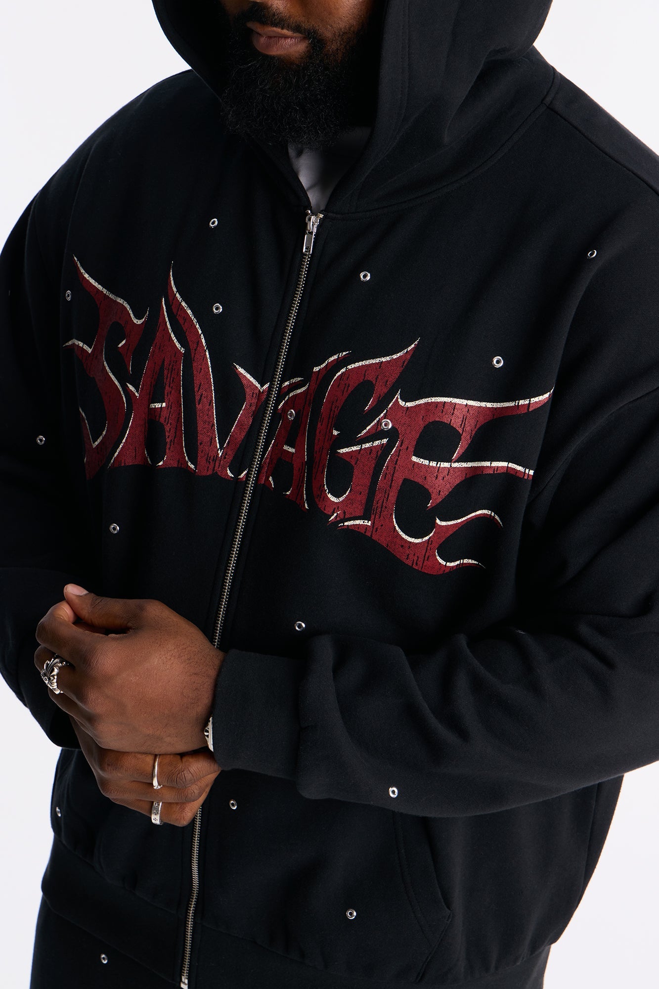 Savage Rhinestone Zip Hoodie - Black