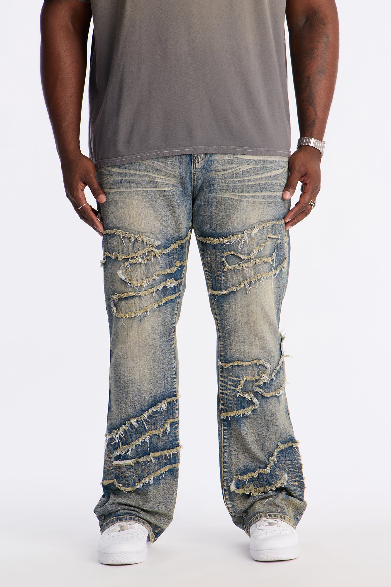 Stacked Slim Flare Fray Waves Jeans - Light Wash