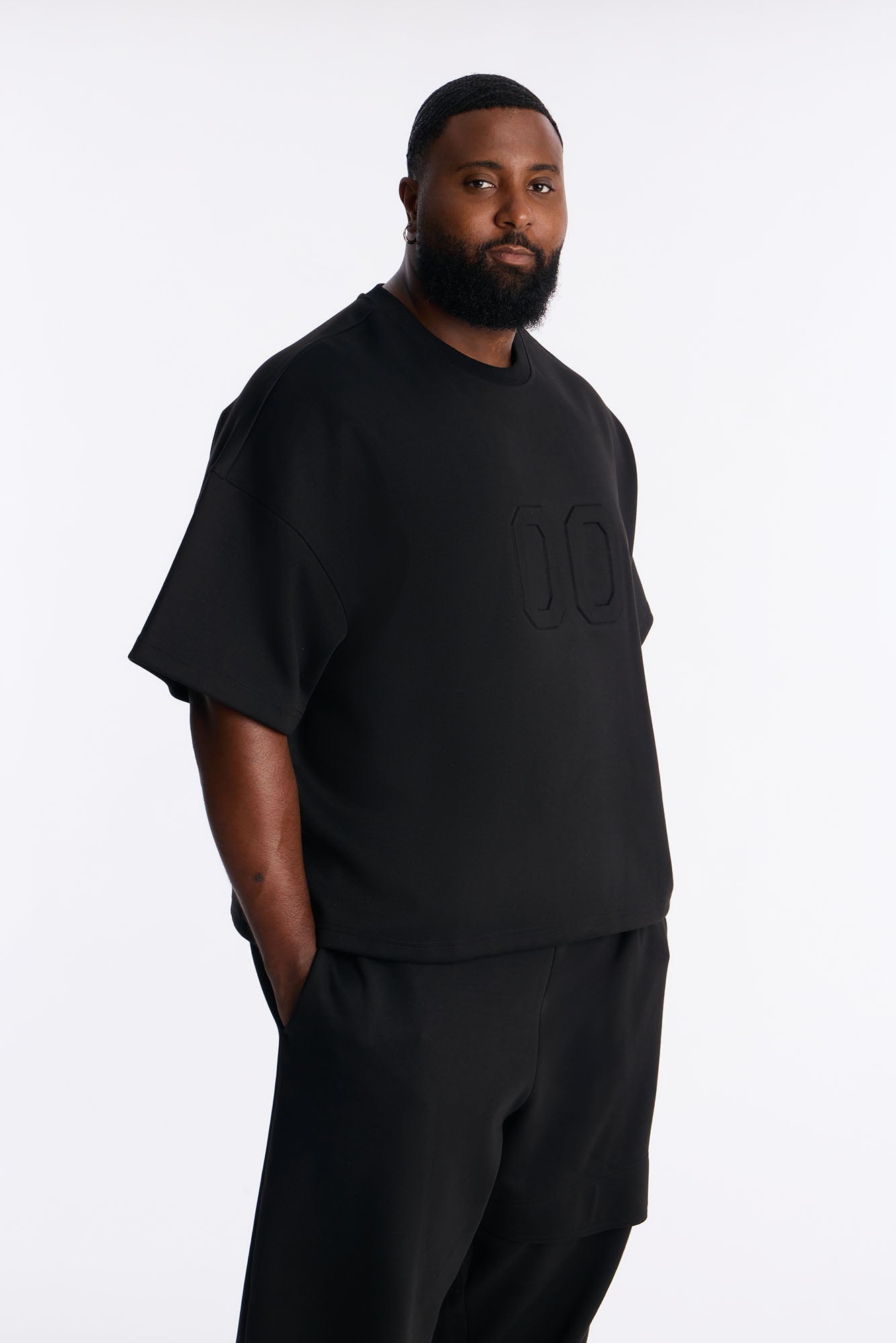 Structured Fleece Embossed Number Tee - Black