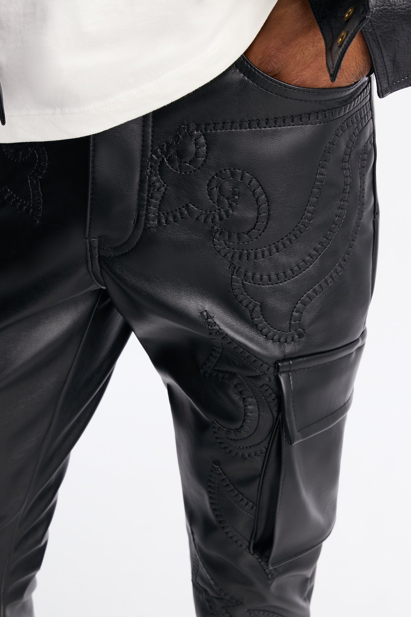 Skinny Stacked Faux Leather Paisley Embellished Pant - Black