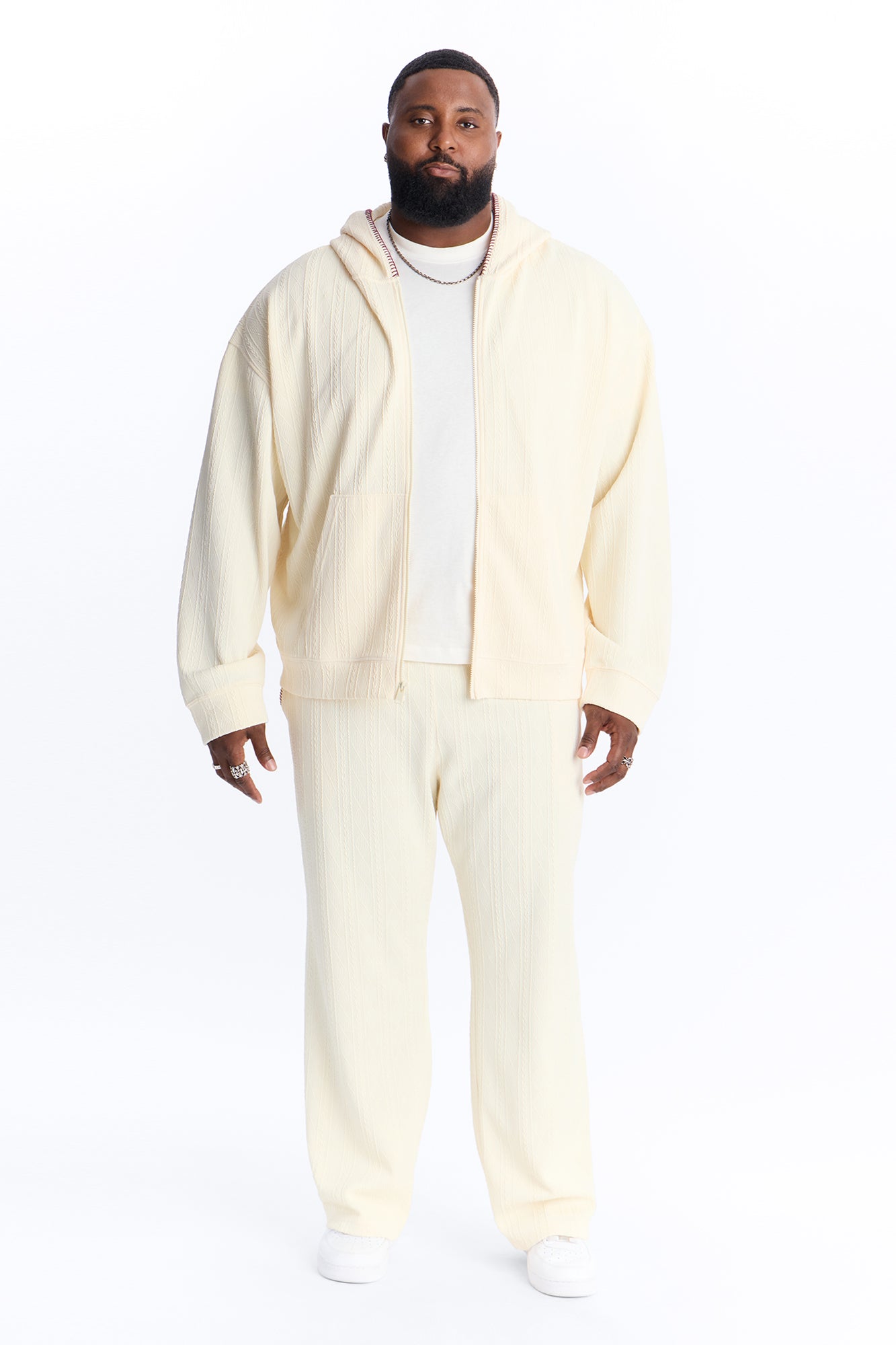 Straight Cable Knit Textured Stitched Pant - Cream