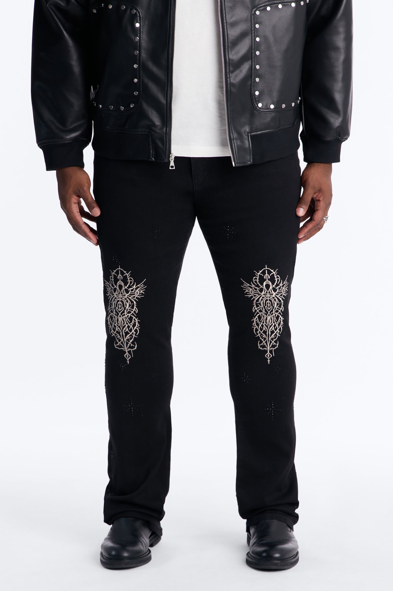 Stacked Skinny Flare Embroidered Saint Jeweled Jean - Black