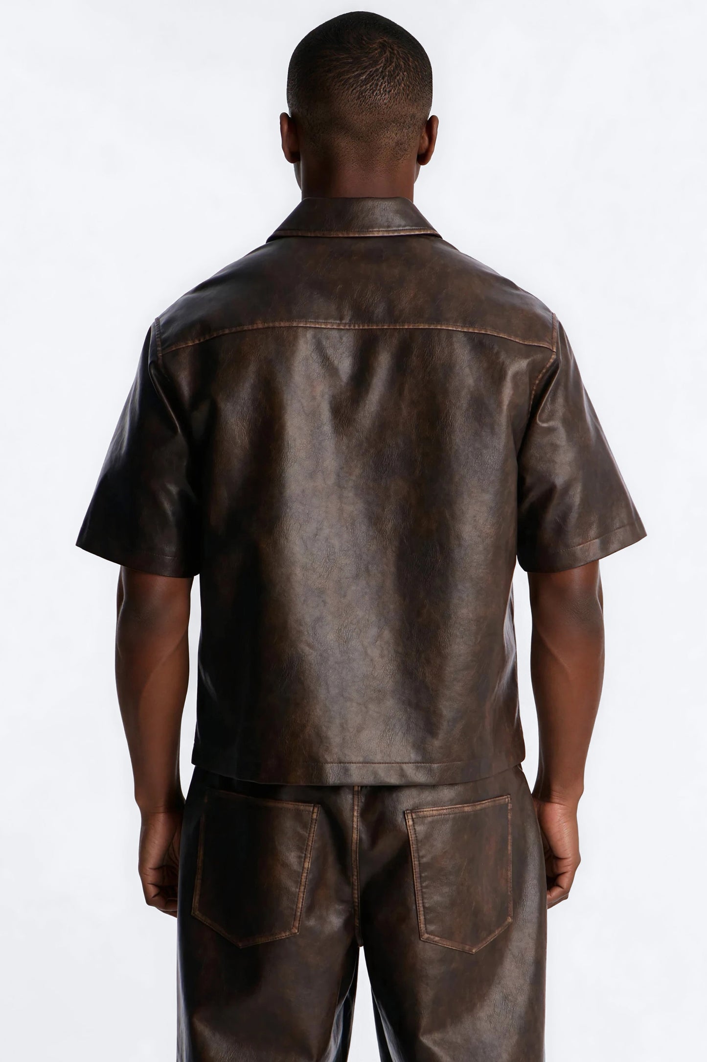 Cropped Relaxed Fordham Front Faux Leather Button Up Shirt - Brown