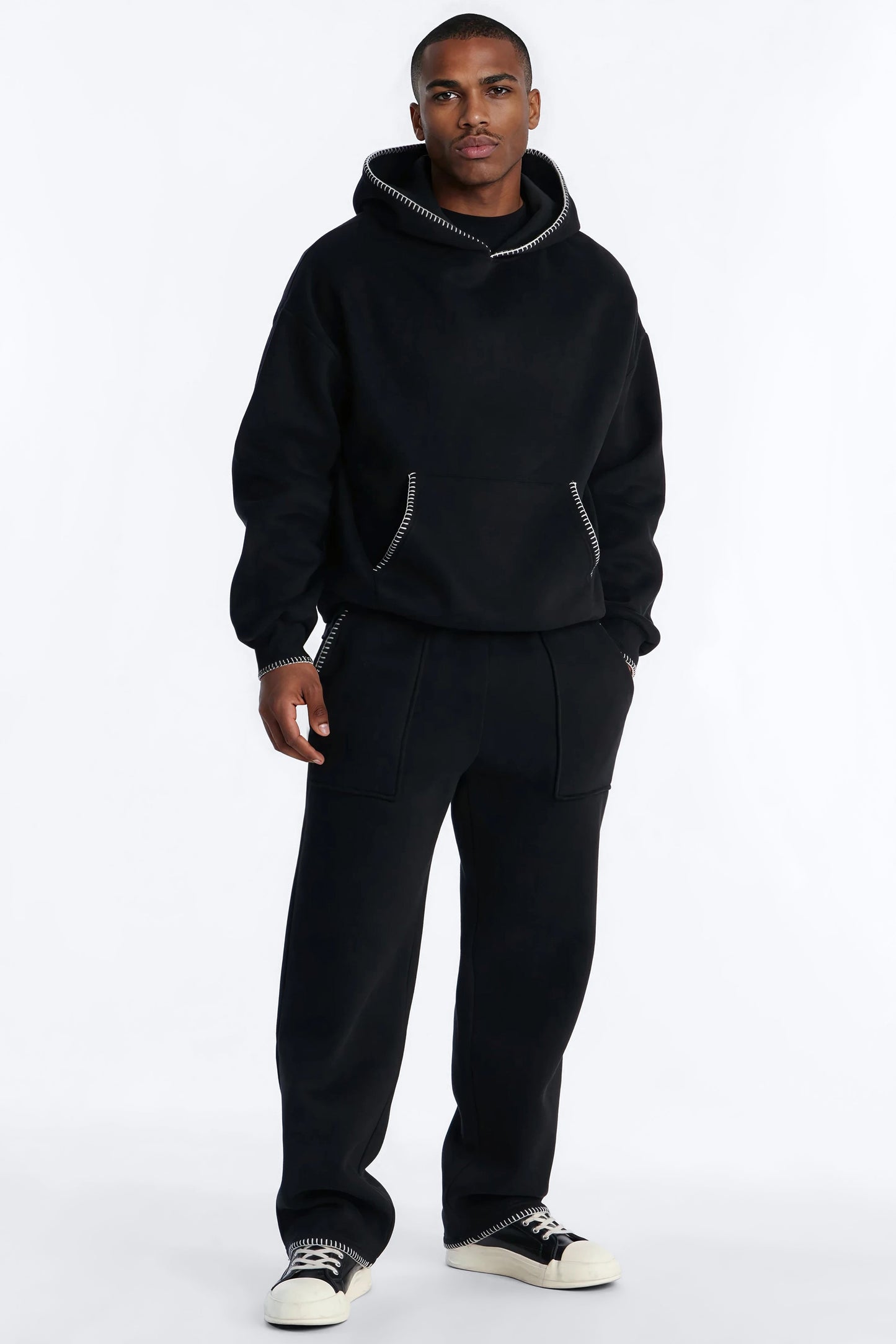 Oversized Contrast Blanket Stitch Hoodie - Black