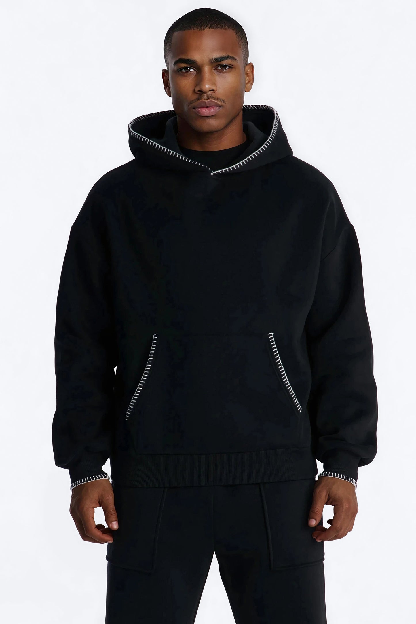 Oversized Contrast Blanket Stitch Hoodie - Black