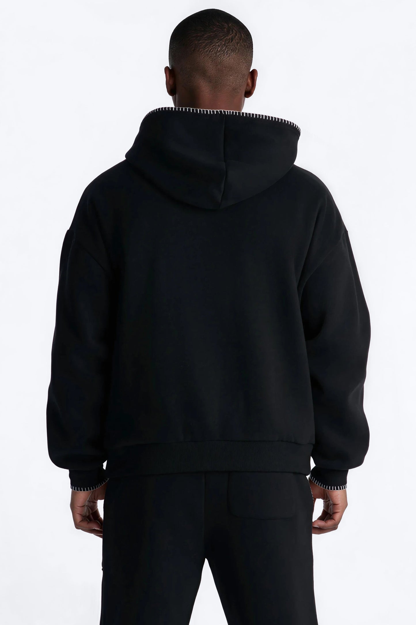 Oversized Contrast Blanket Stitch Hoodie - Black