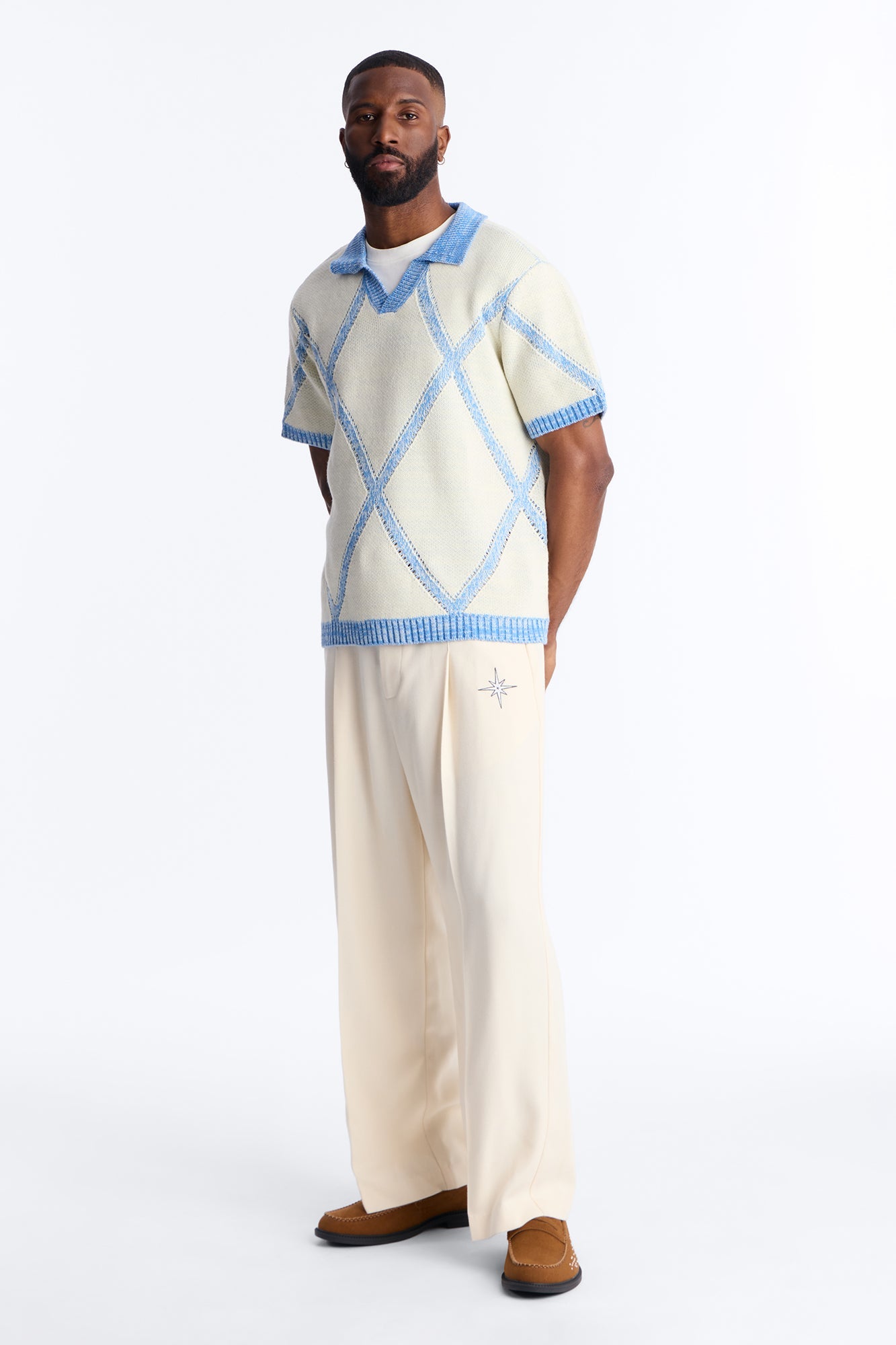 Classic Argyle Knit Polo - Cream