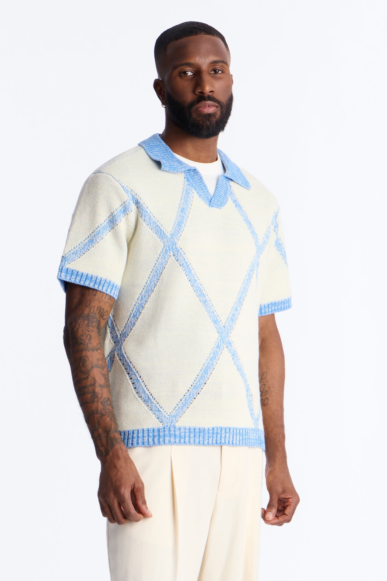 Classic Argyle Knit Polo - Cream