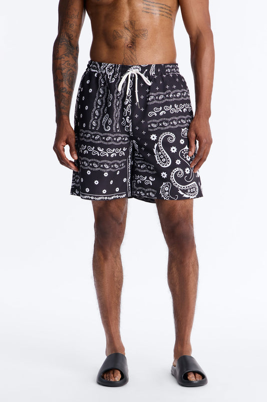 Wild Paisley Printed Swim Trunk 7″ - Black