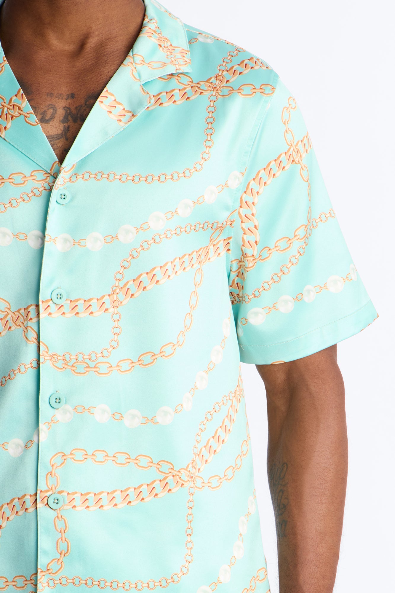 Chain Flex Printed Cuban Collar Button Up Shirt - Blue