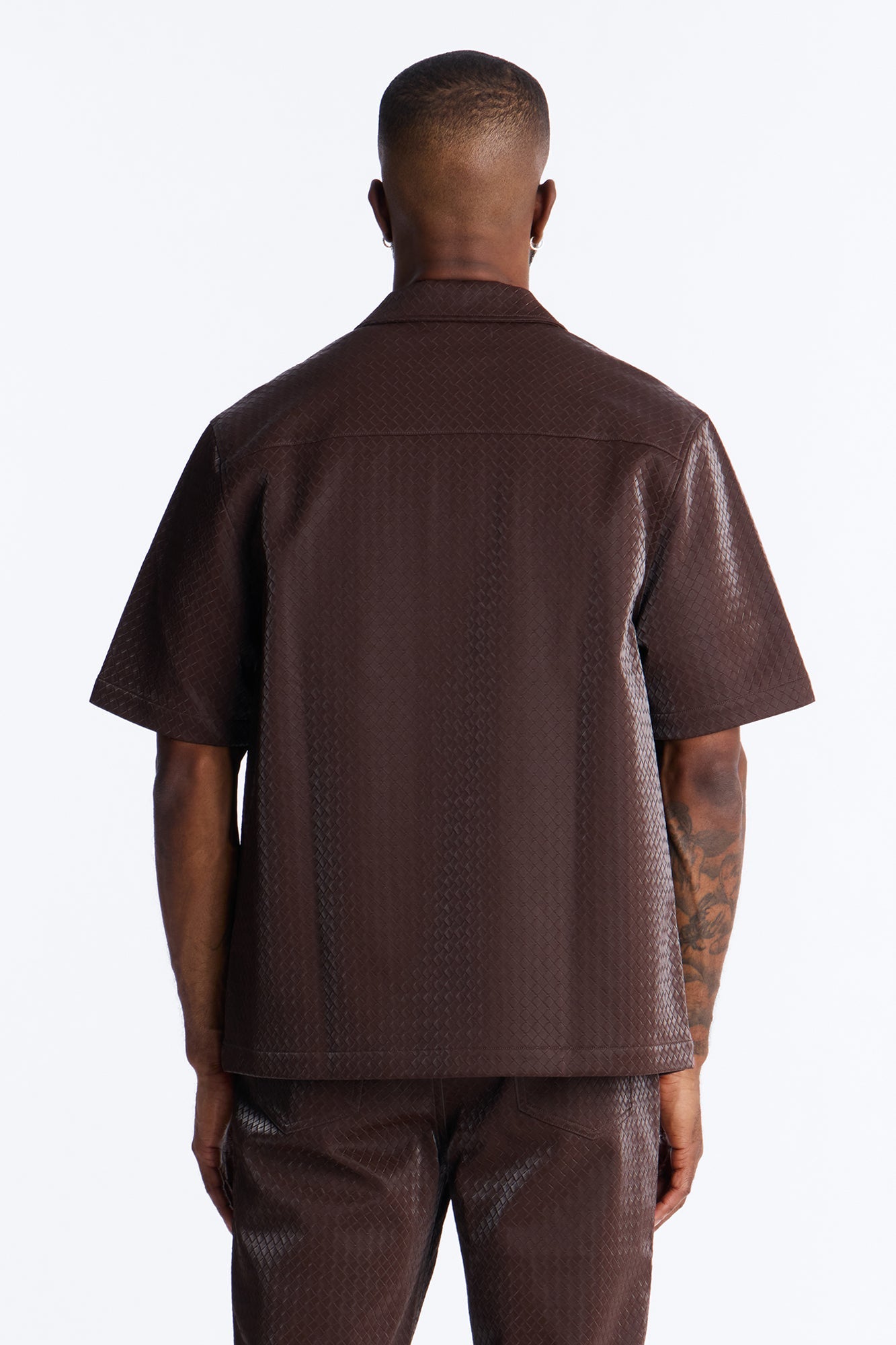 Tisse Textured Faux Leather Button Up Shirt - Brown