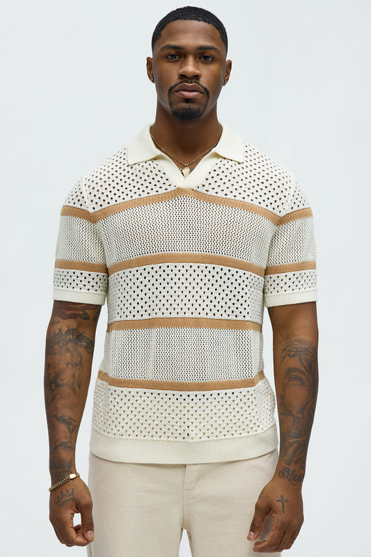 Mixed Texture Knitted Johnny Collar Shirt - Cream/combo
