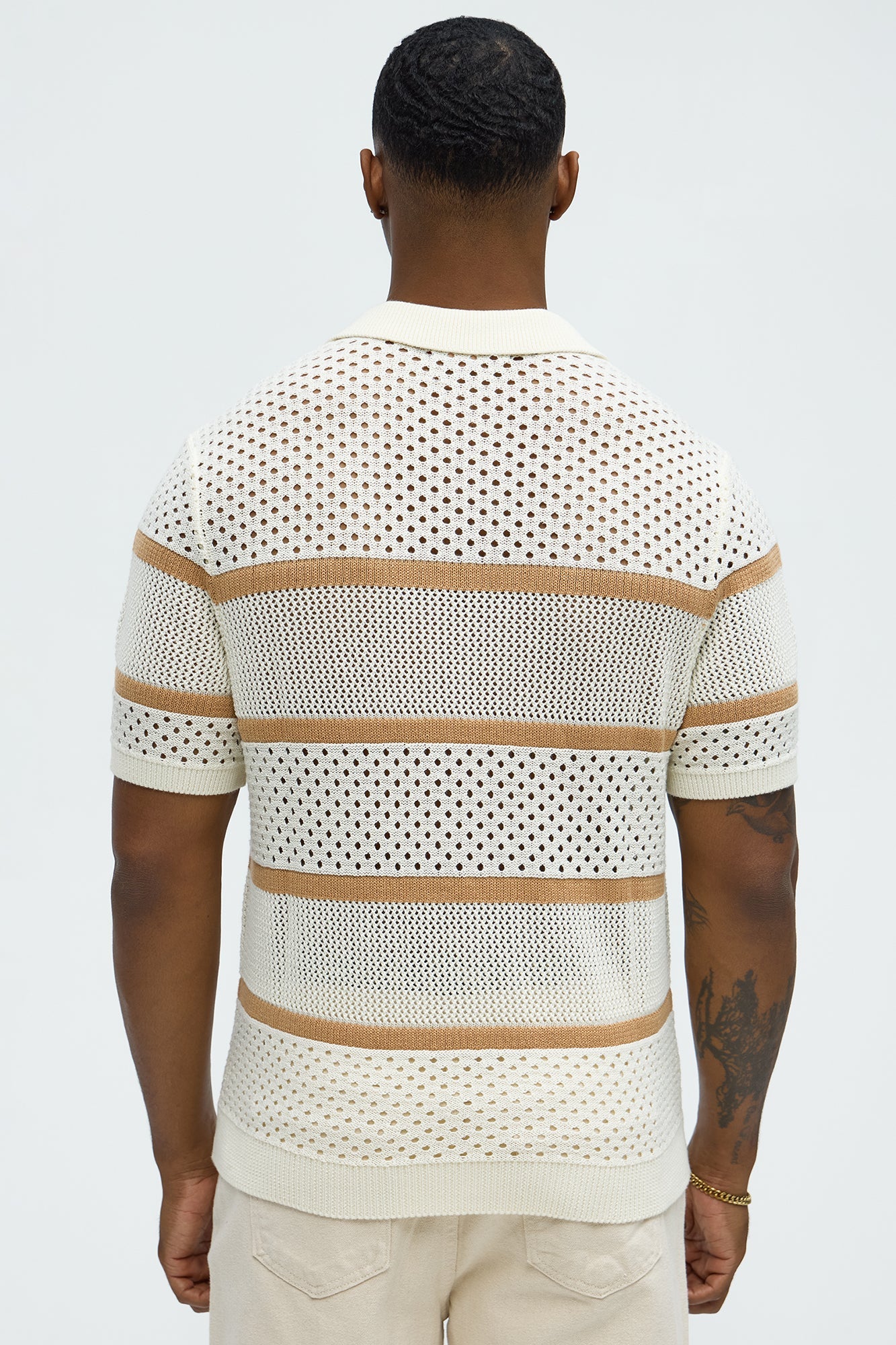 Mixed Texture Knitted Johnny Collar Shirt - Cream/combo