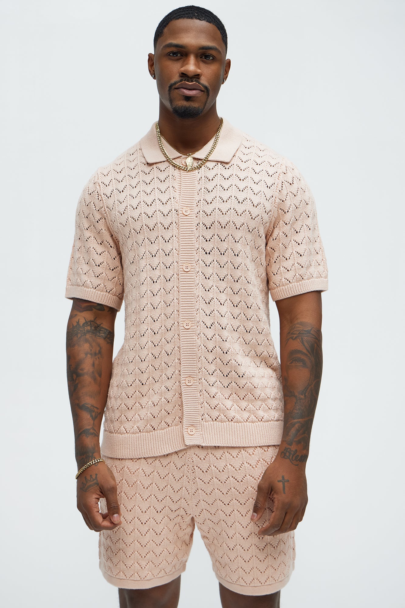 Waterfall Texture Open Knit Shirt - Mauve