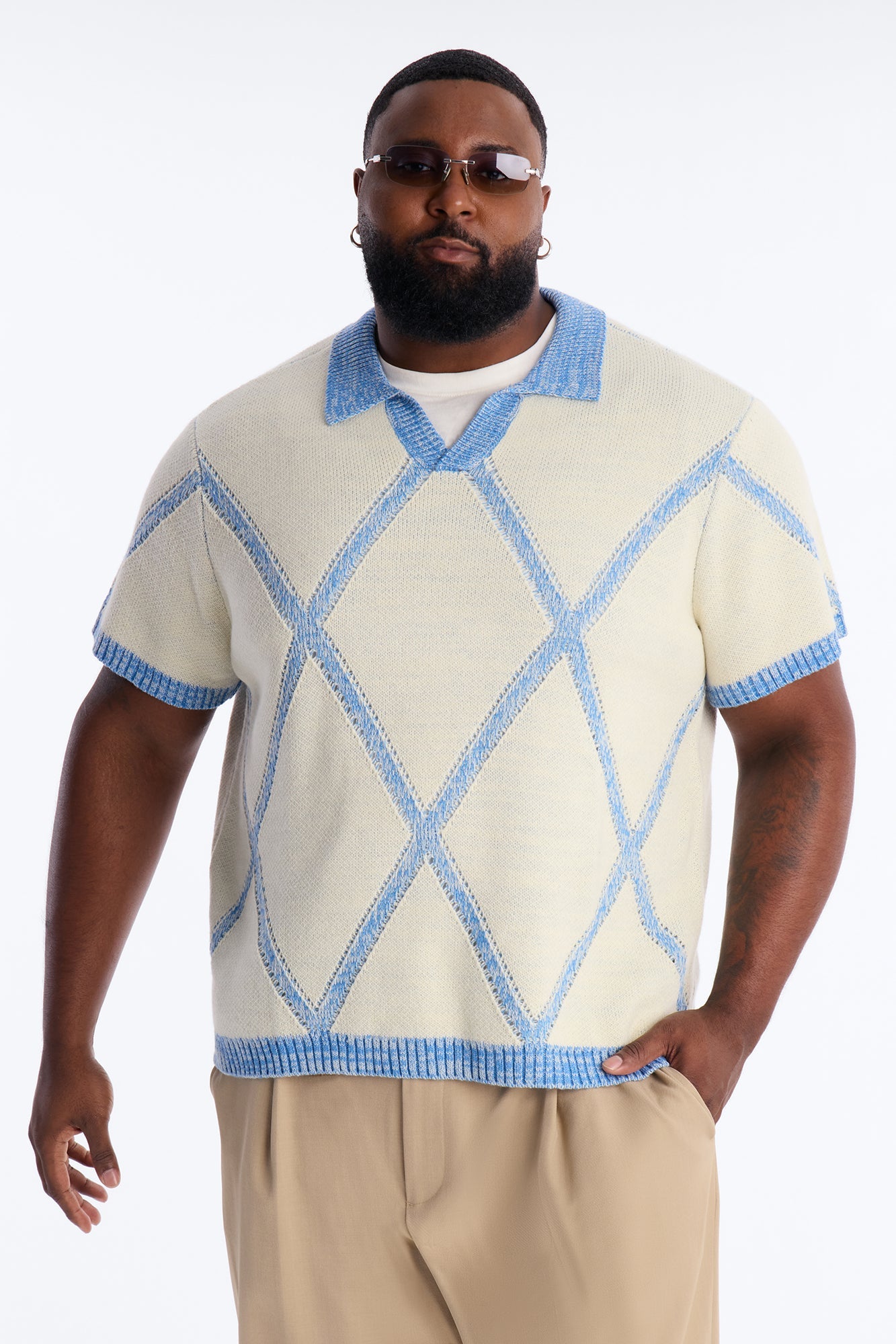 Classic Argyle Knit Polo - Cream