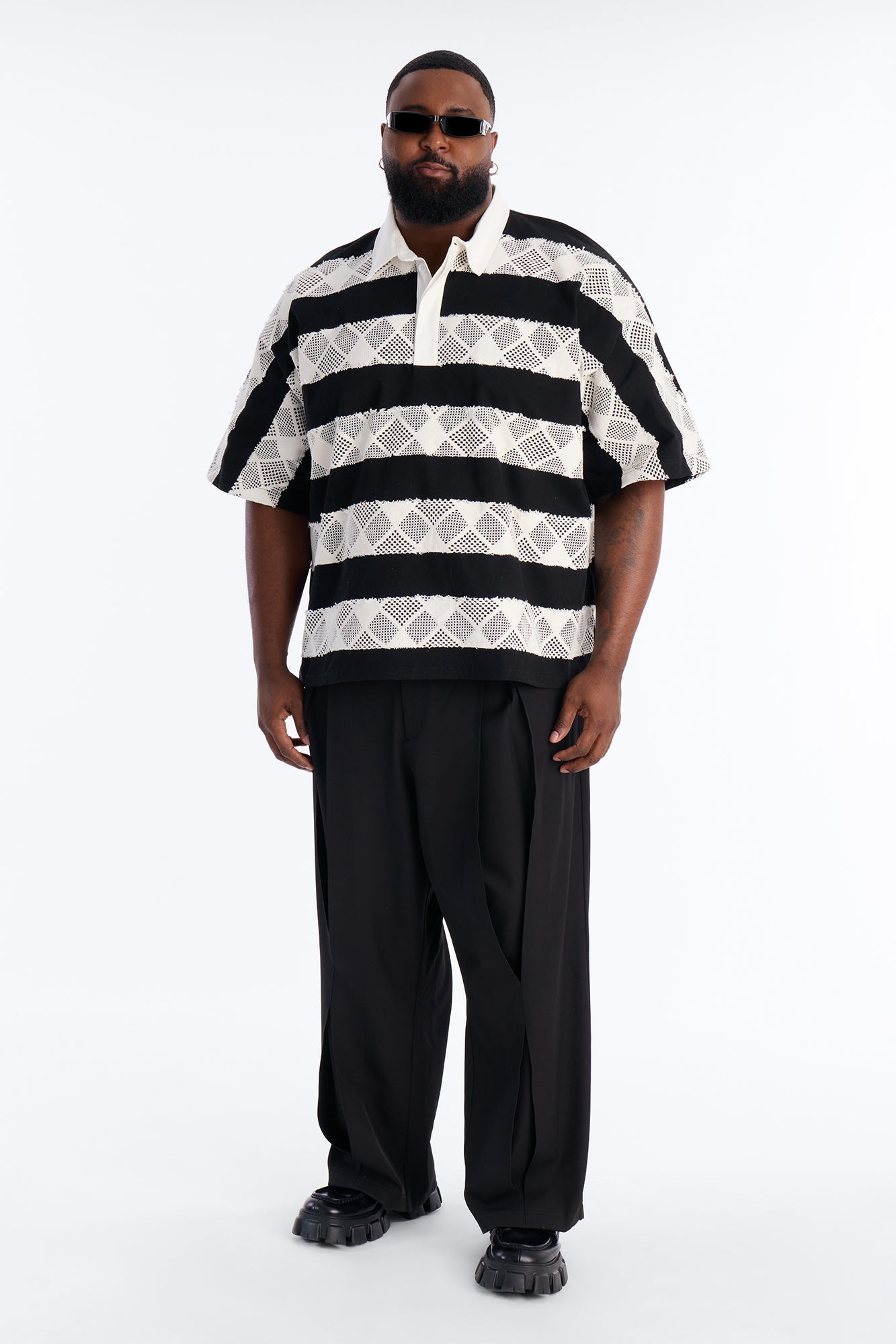 Oversized Offshore Reef Crochet Polo Shirt - Black/White